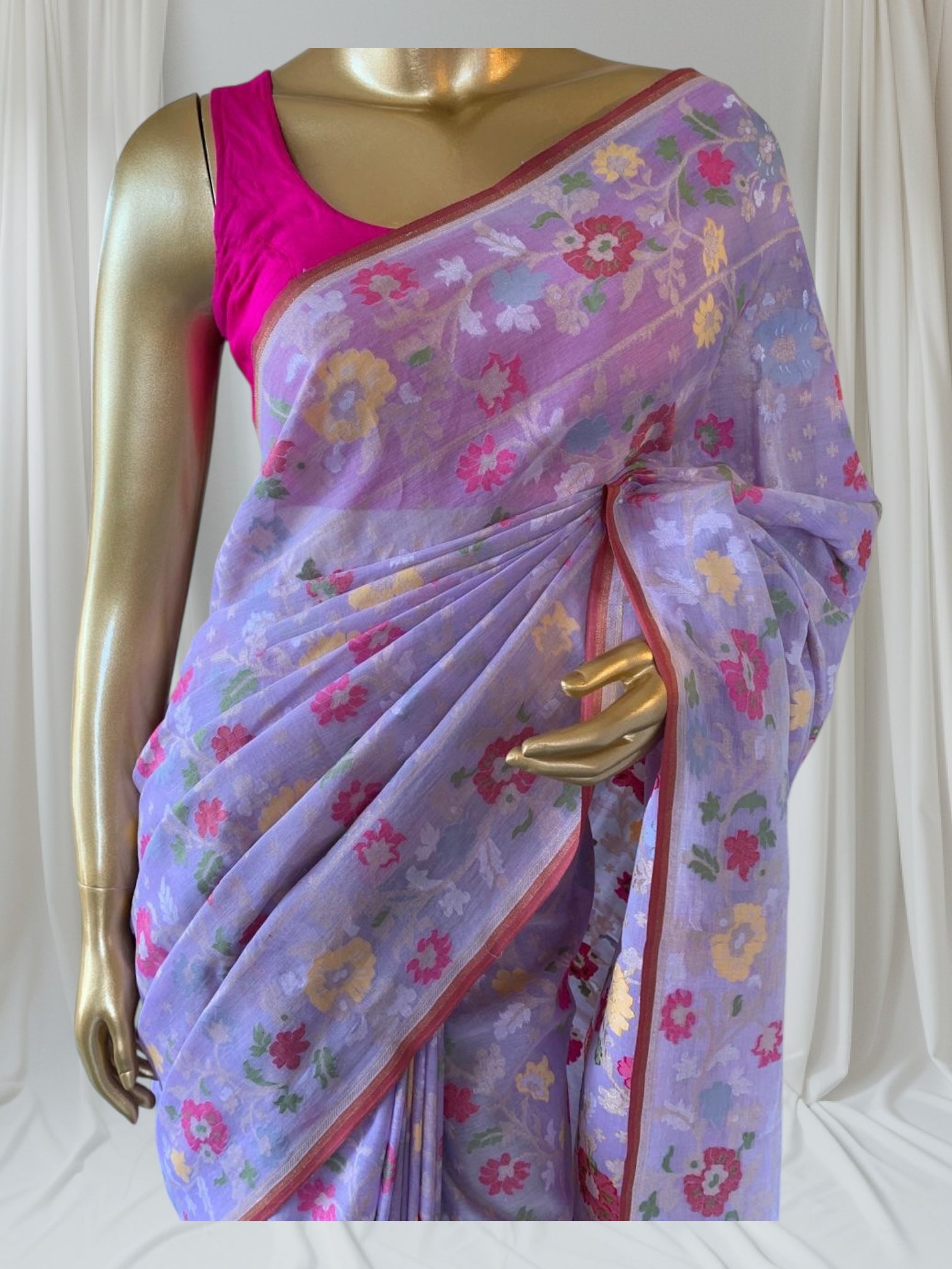 Lilac Banarasi Handloom Cotton Cut Jamdani Saree With Allover Meenakari