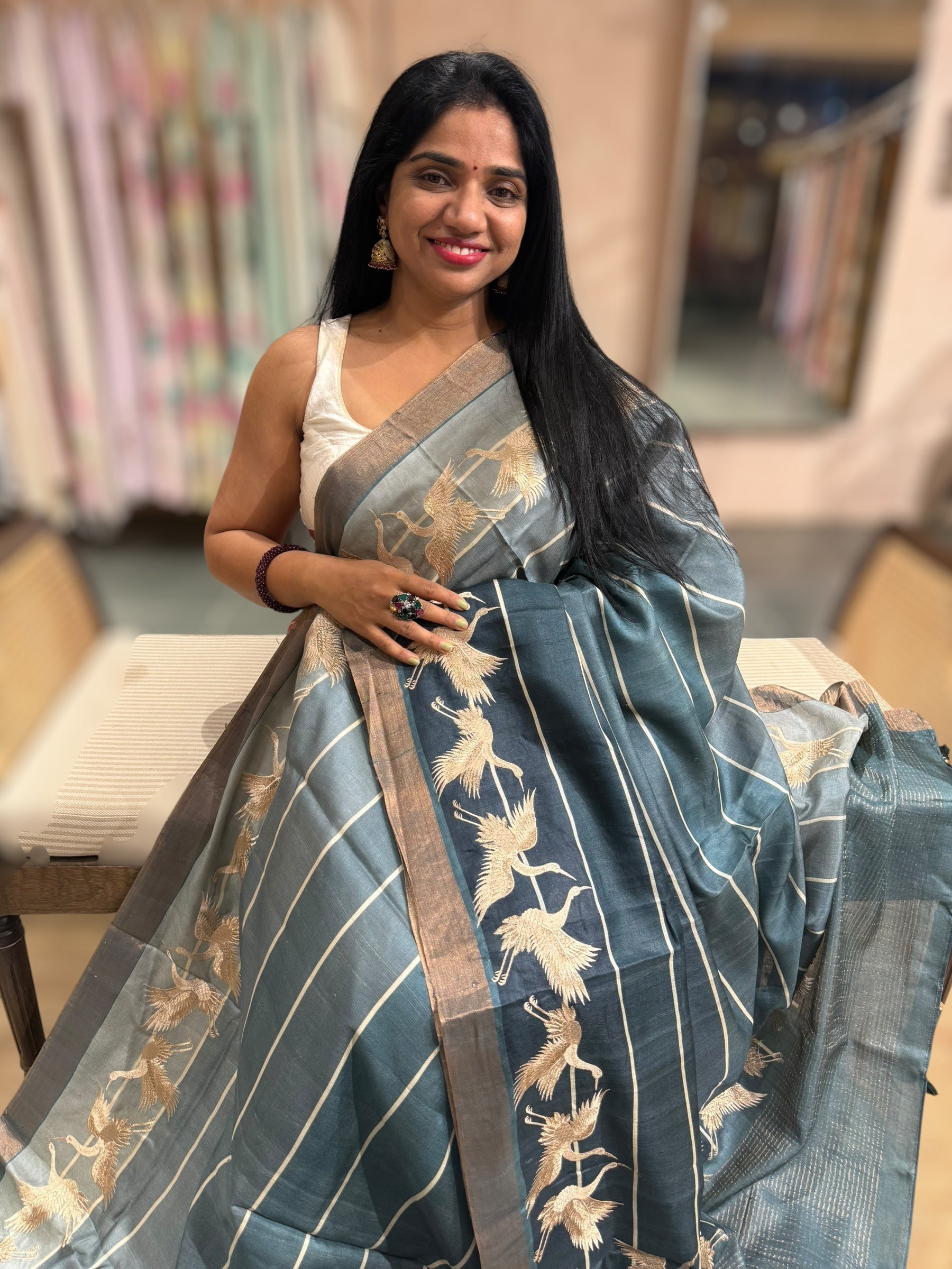 Tussar Rangkaat Saree With Crane Embroidered Border