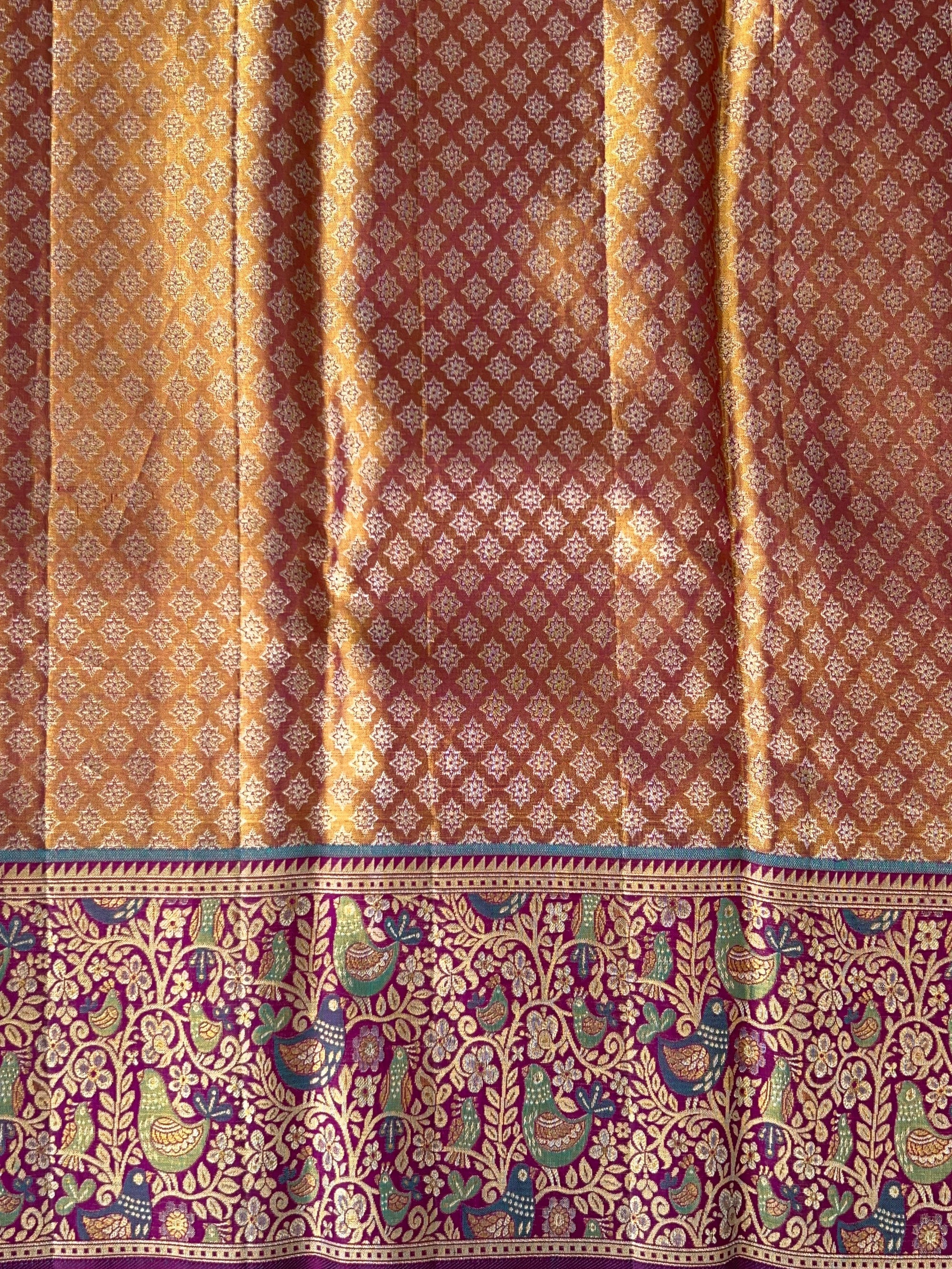 Lime Green Tissue Kanchi Pattu Saree with Meenakari Parrot Motifs