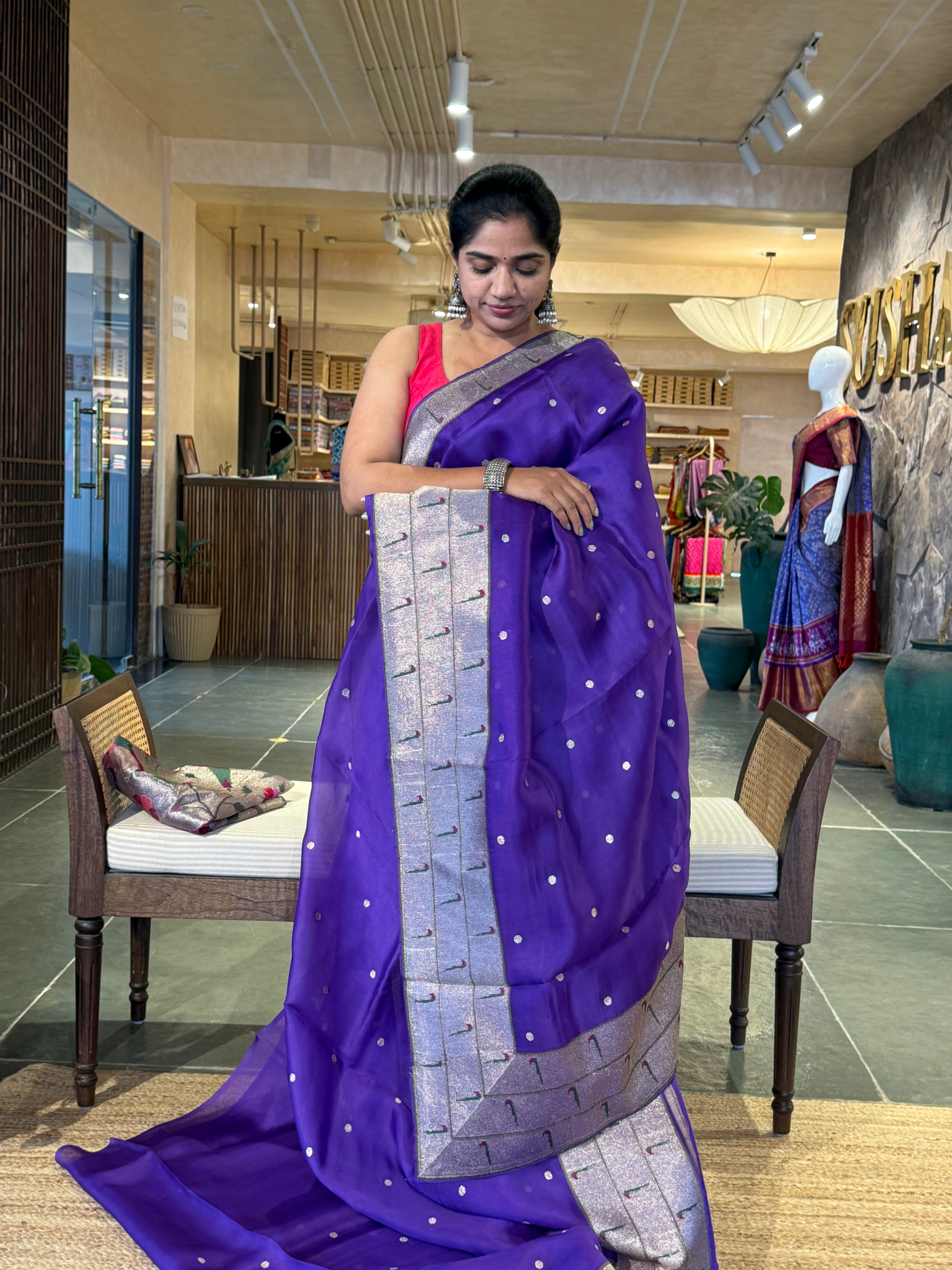 Violet Pure Handloom Kora Silk and Pythani Fusion Saree