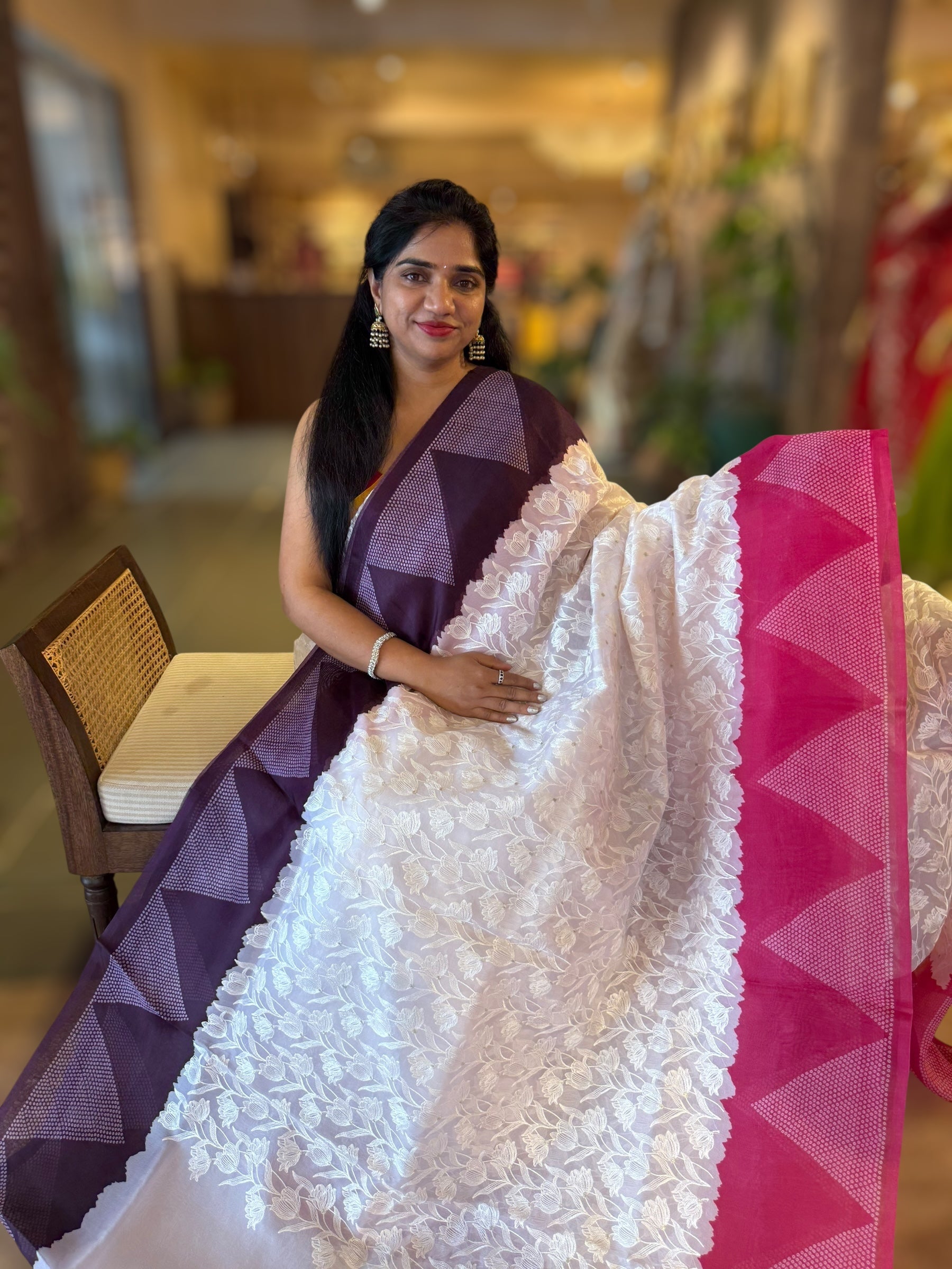 Organza Chikankari Embroidery Saree With Ganga Jamuna Bandhini Temple Borders