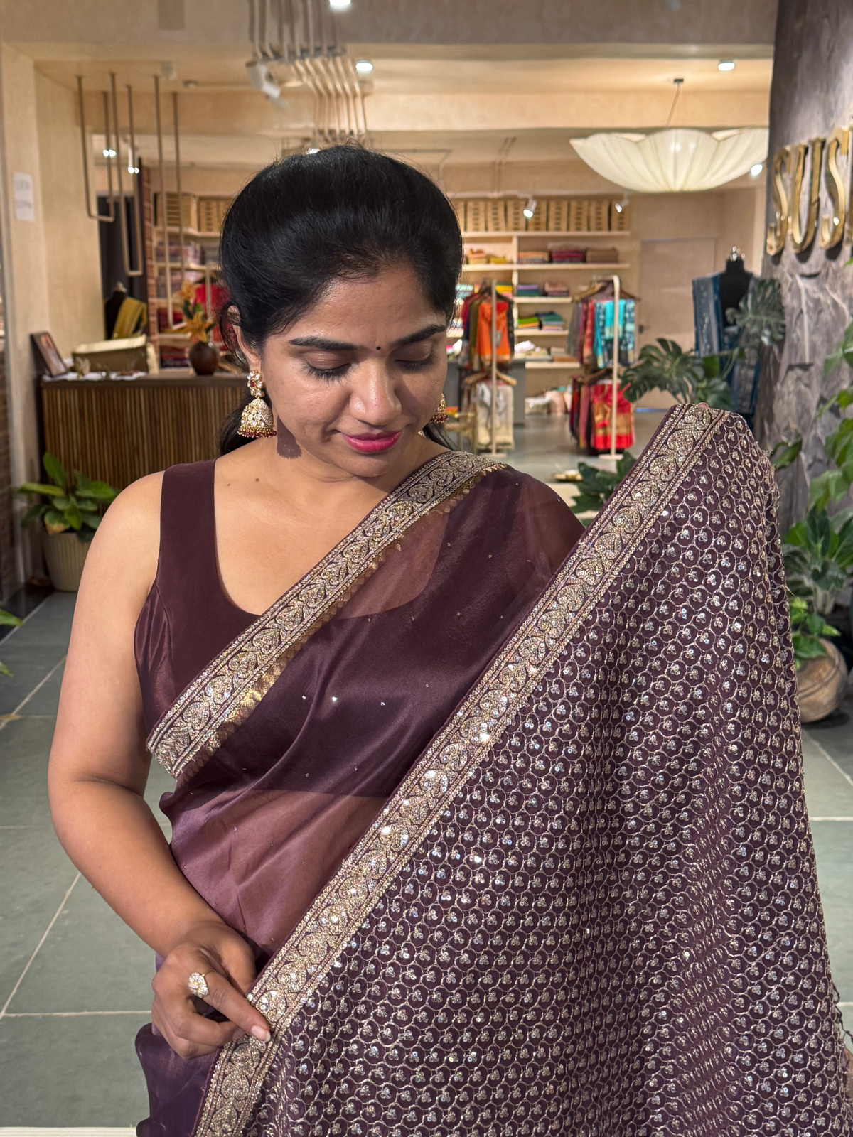 SK1091412ORG:Brownish Wine Kanchi Kora Saree with allover mukaish handwork