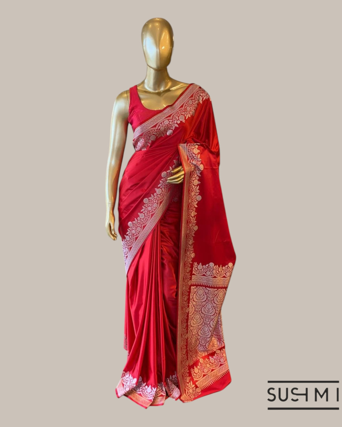 Chilli Red Mashru Silk Saree With Straight and Scalloped Border