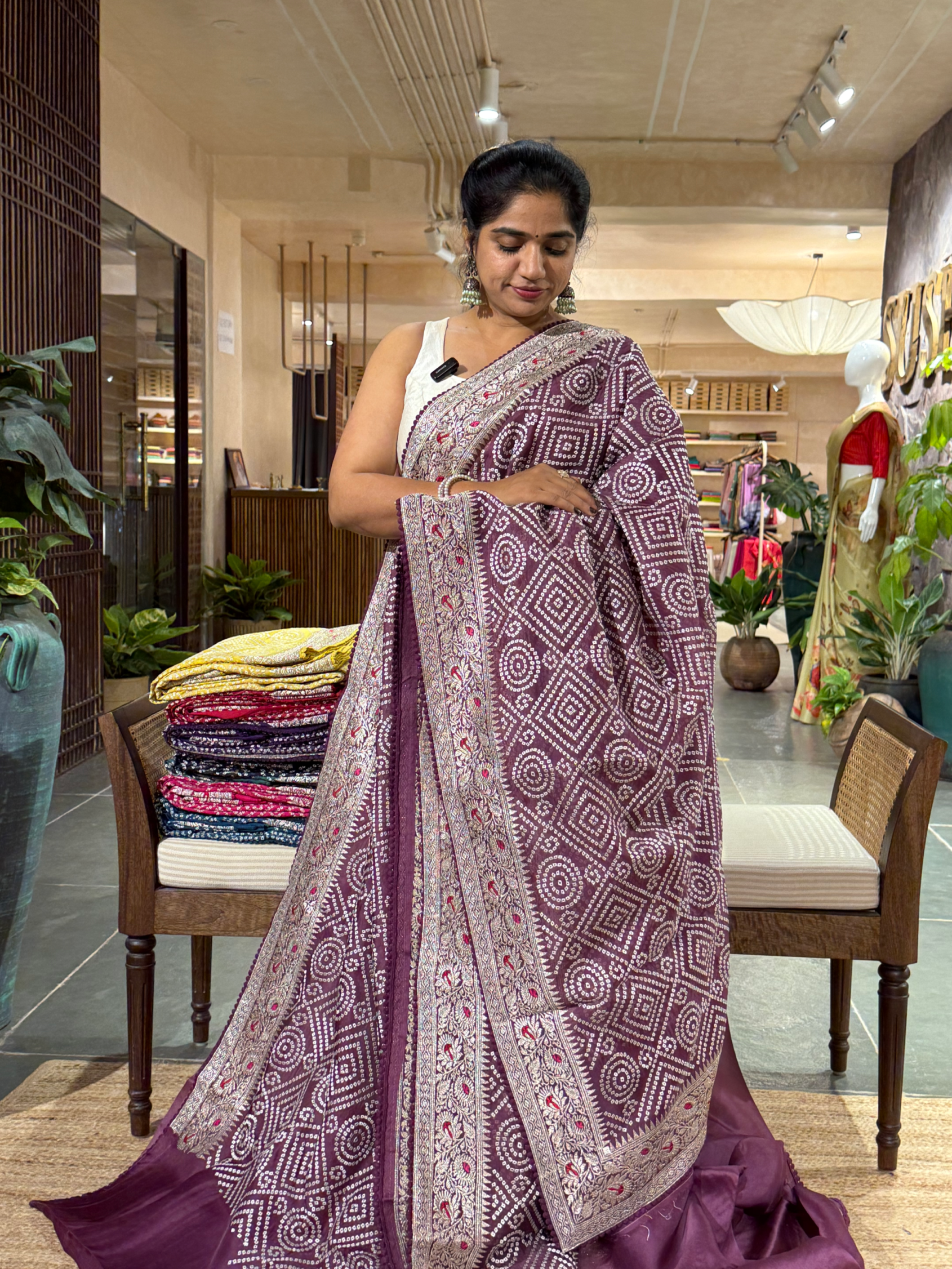SOBBM172 : Wine Organza Banarasi with Bandhini Look Allover Embroidery