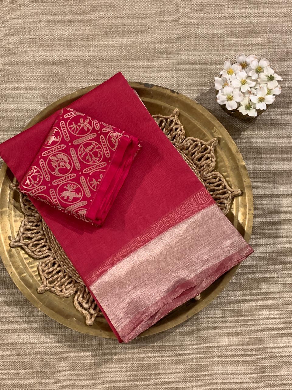 Dark Pink Tussar Kora Saree Wth Tissue Border & Pallu Paired Wth Brocade Blouse