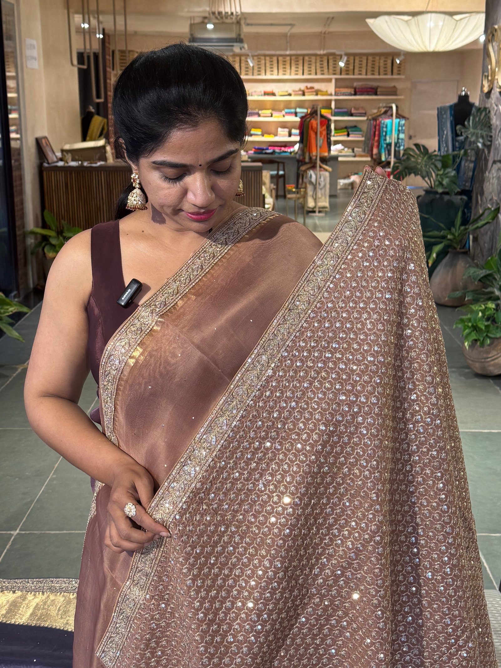 SK1091413ORG: Dusty Light Brown Kanchi Kora Saree with allover mukaish handwork