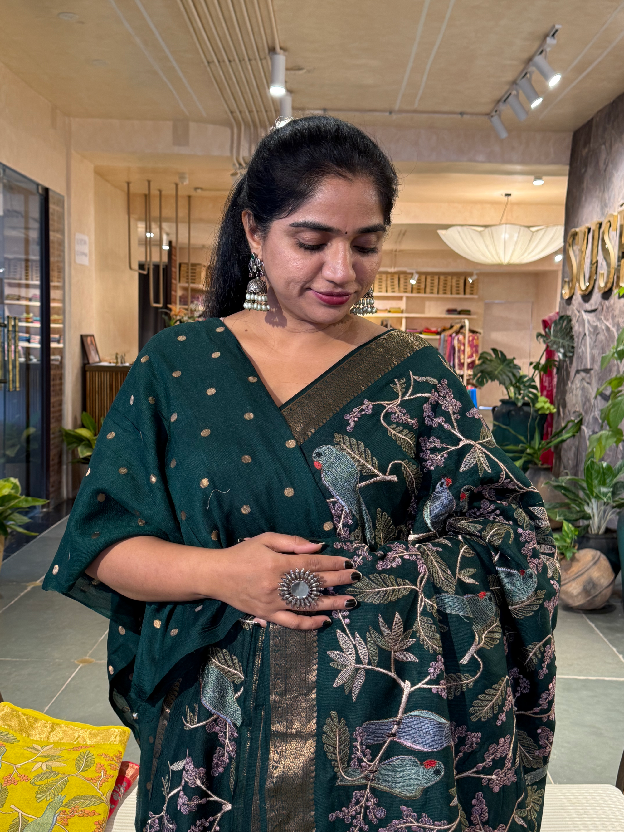 SMSEA113 Forest Green Pure Handloom Munga Silk Saree with allover  Embroidery