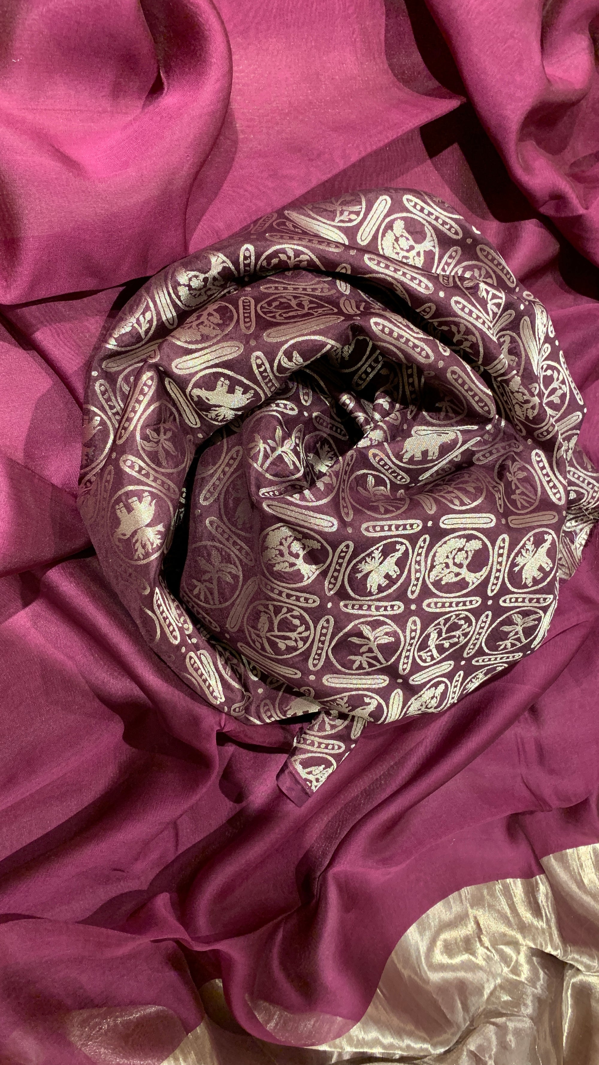 Wine Tussar Kora Saree With Tissue Border & Pallu Paired With Brocade Blouse