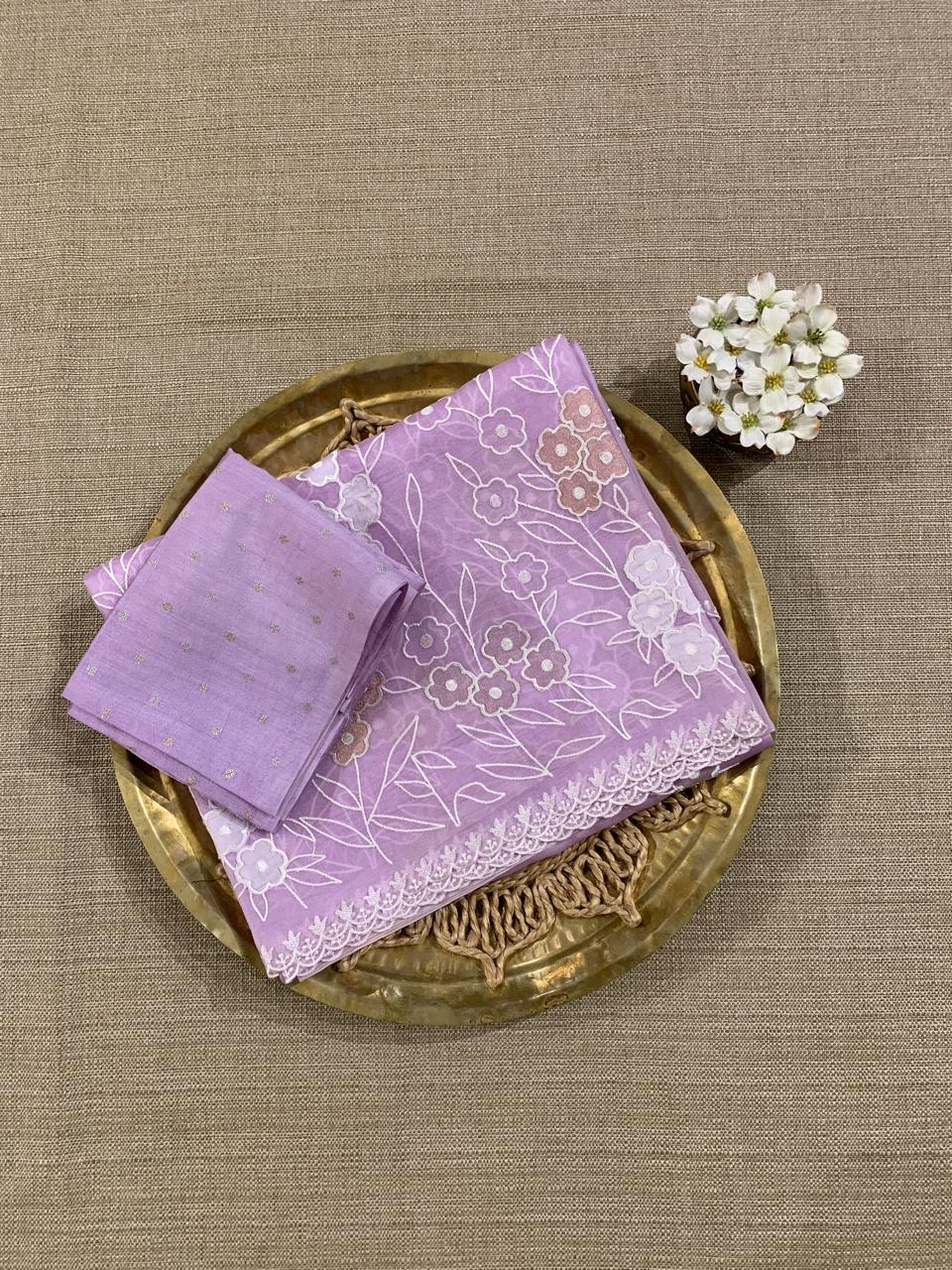 Lilac Organza Applique work Saree