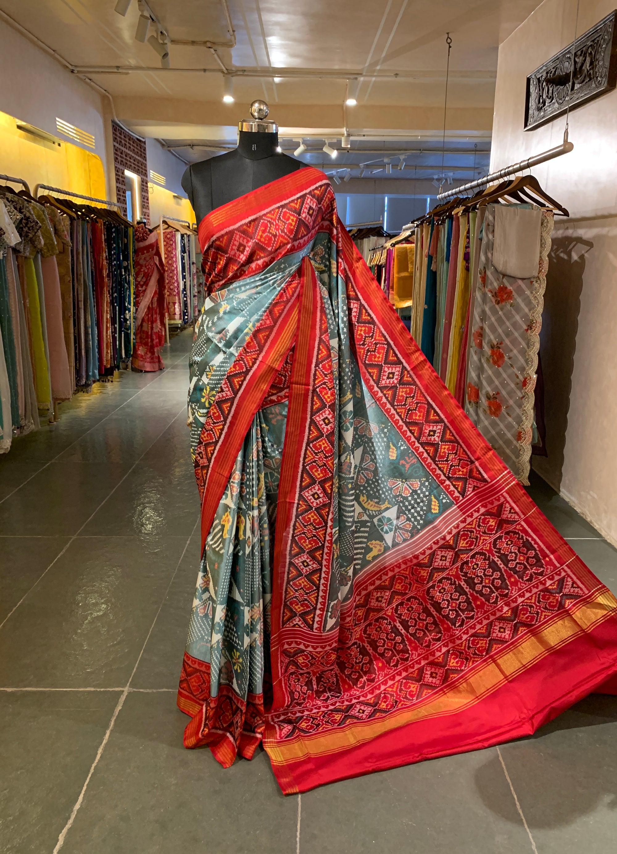 Light Blue and  Red Combo Pure Patan Patola Saree with Unique Concept Body