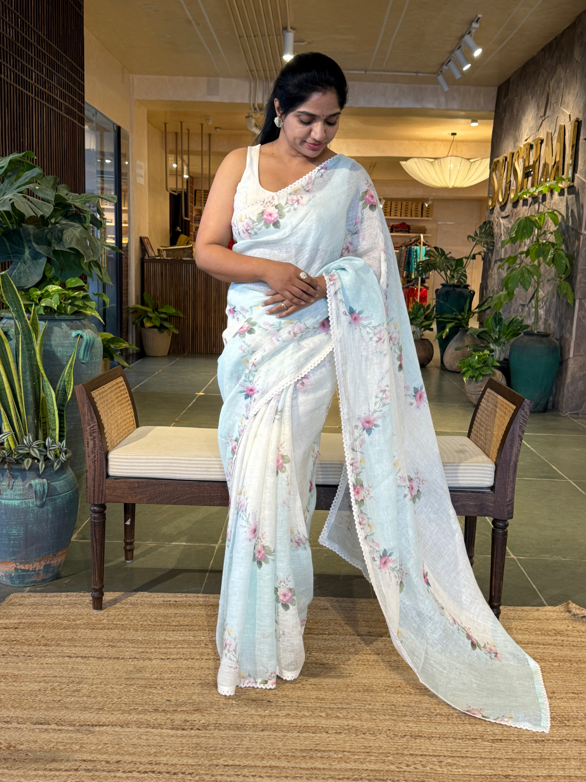 Skyblue Pure Handloom Linen Printed Saree in Lehariya Style