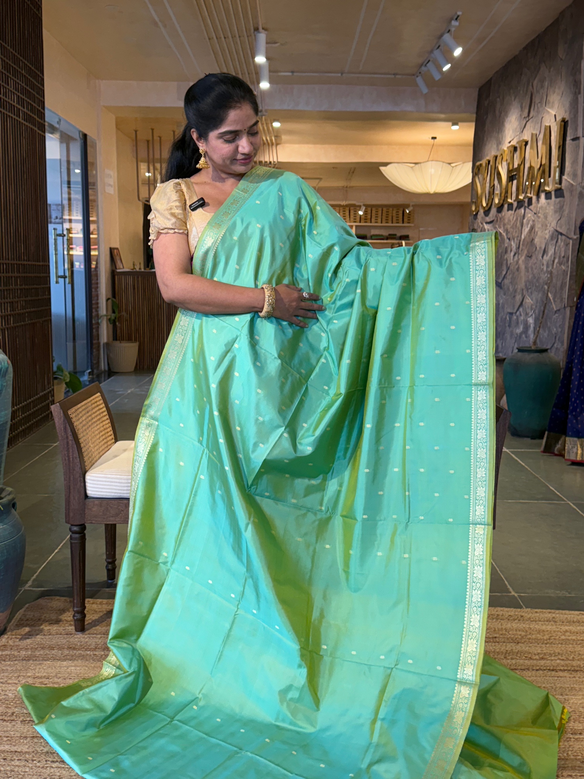 Sea Green & Yellow Dual tone Banarasi Handloom Katan Silk With Resham Weaving