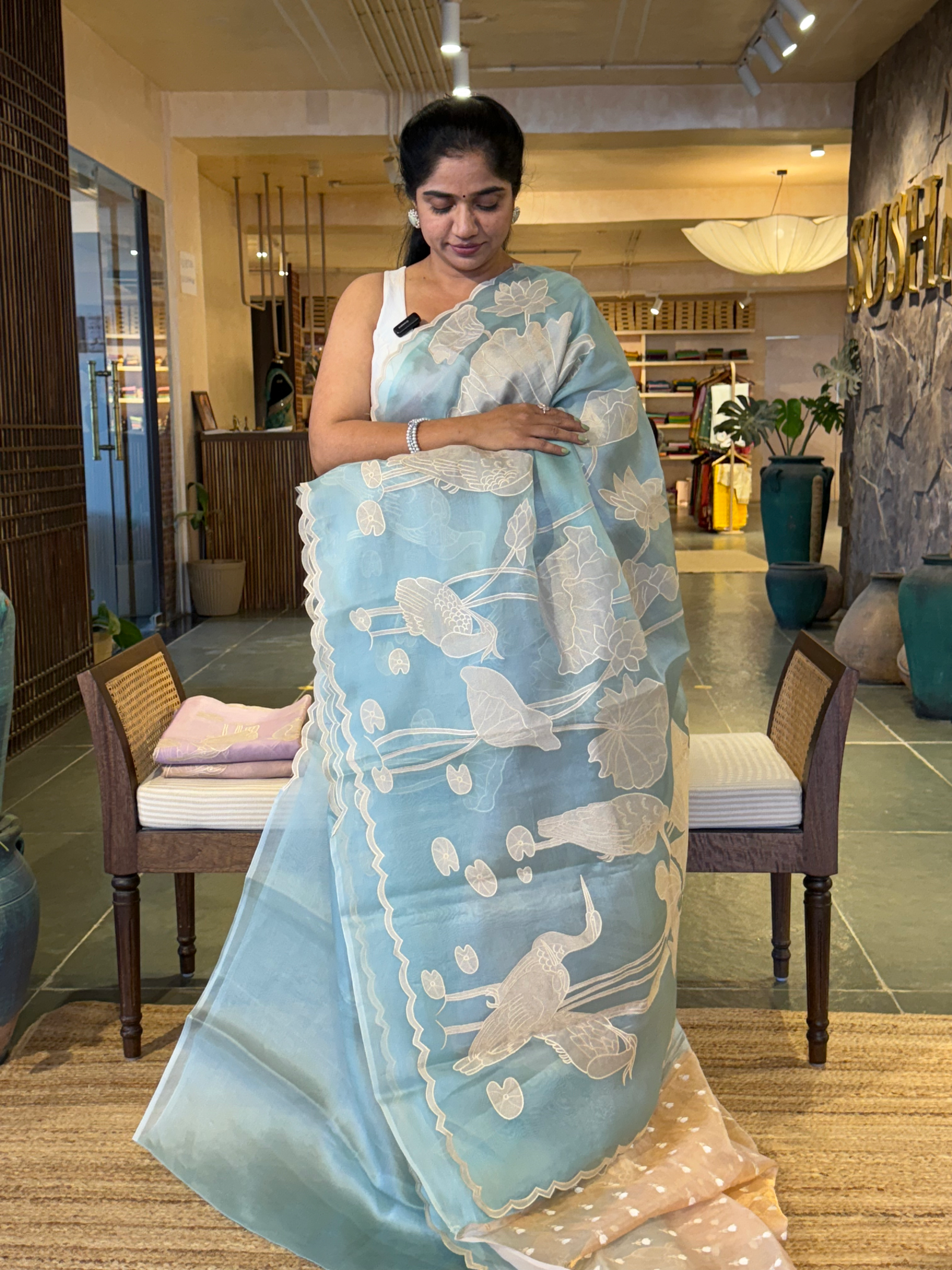 Sky Blue Pure Organza Designer Saree with Allover Tissue Applique Embroidery