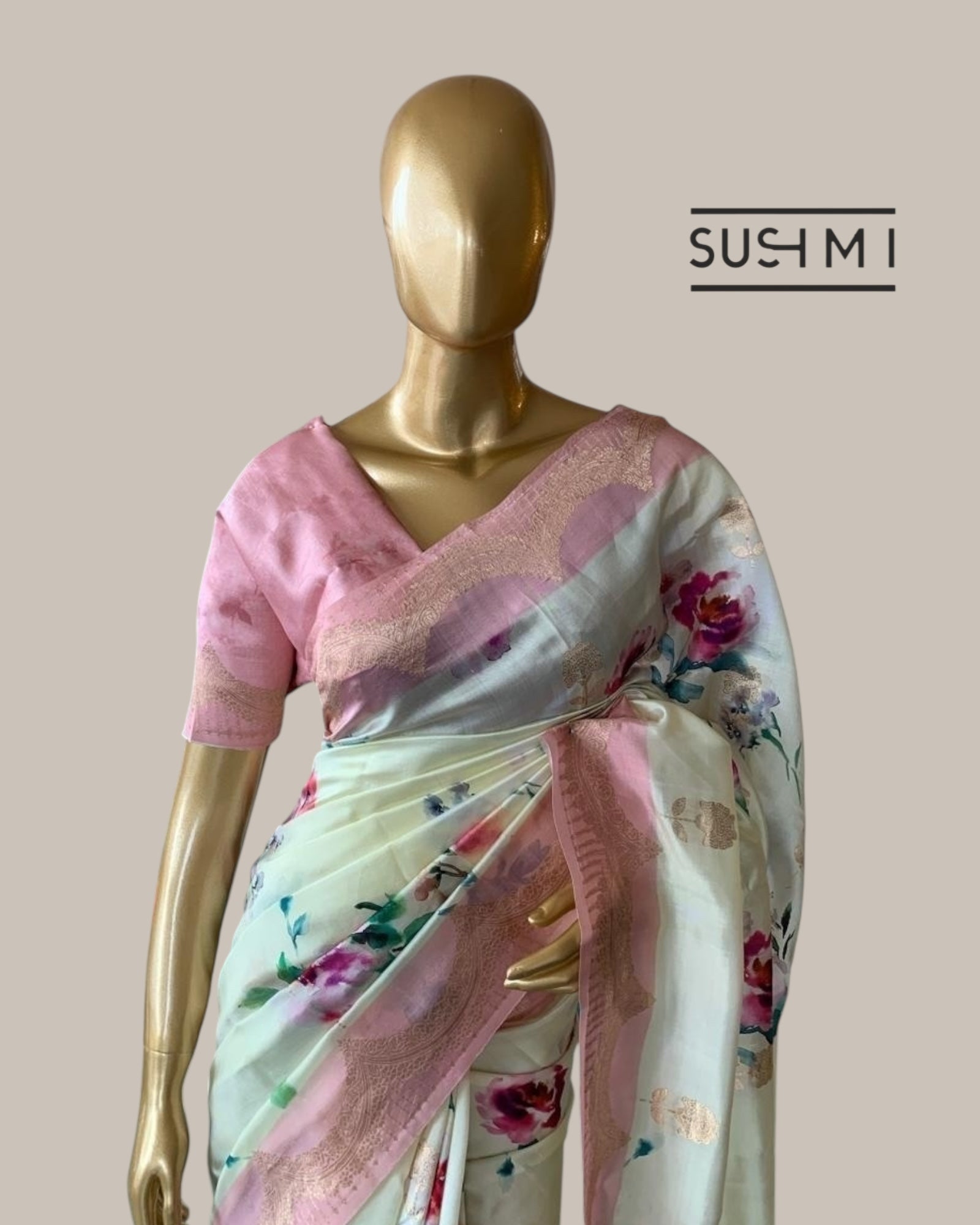 Banarasi Soft Silk Printed Saree With Scalloped Woven Zari Border