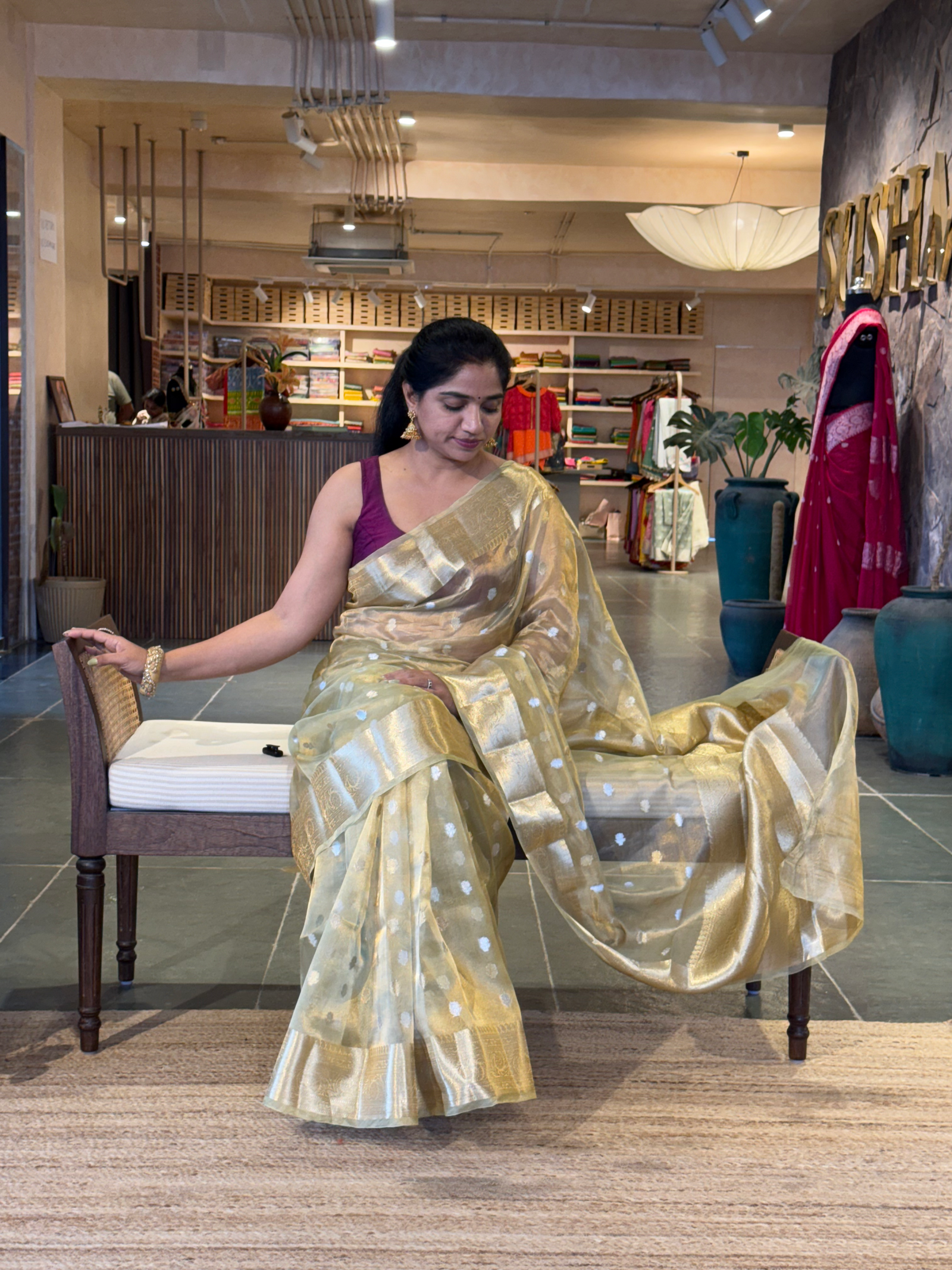 WDTSH :  Light Apple Green Banarasi Tissue Saree with Gold based Tissue