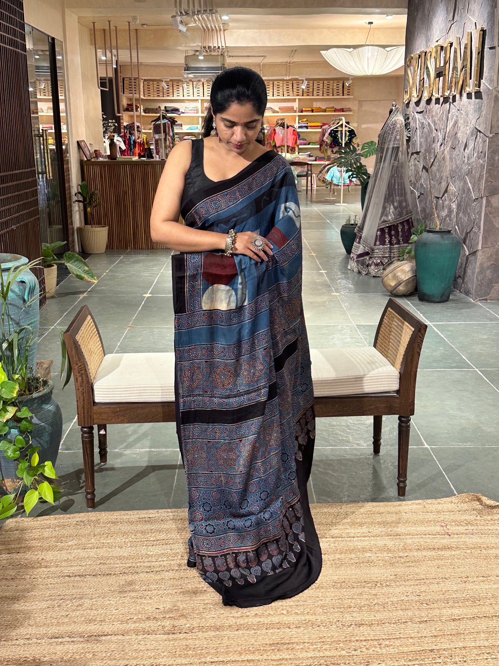 Indigo Ajrakh saree in Pure Modal Satin Silk with beautiful ajrakh pallu &blouse