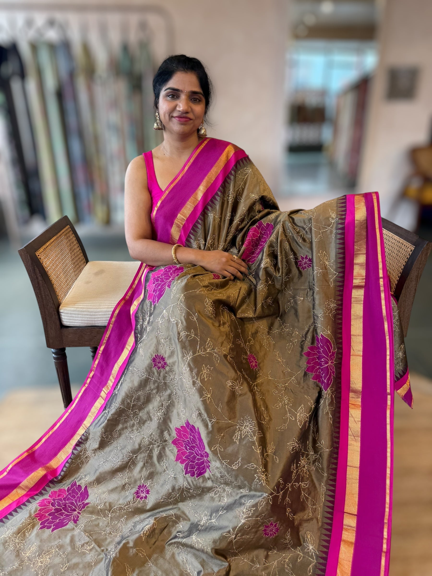 Metallic Bronze Kanchi Silk Saree in With Allover Pita & Applique work
