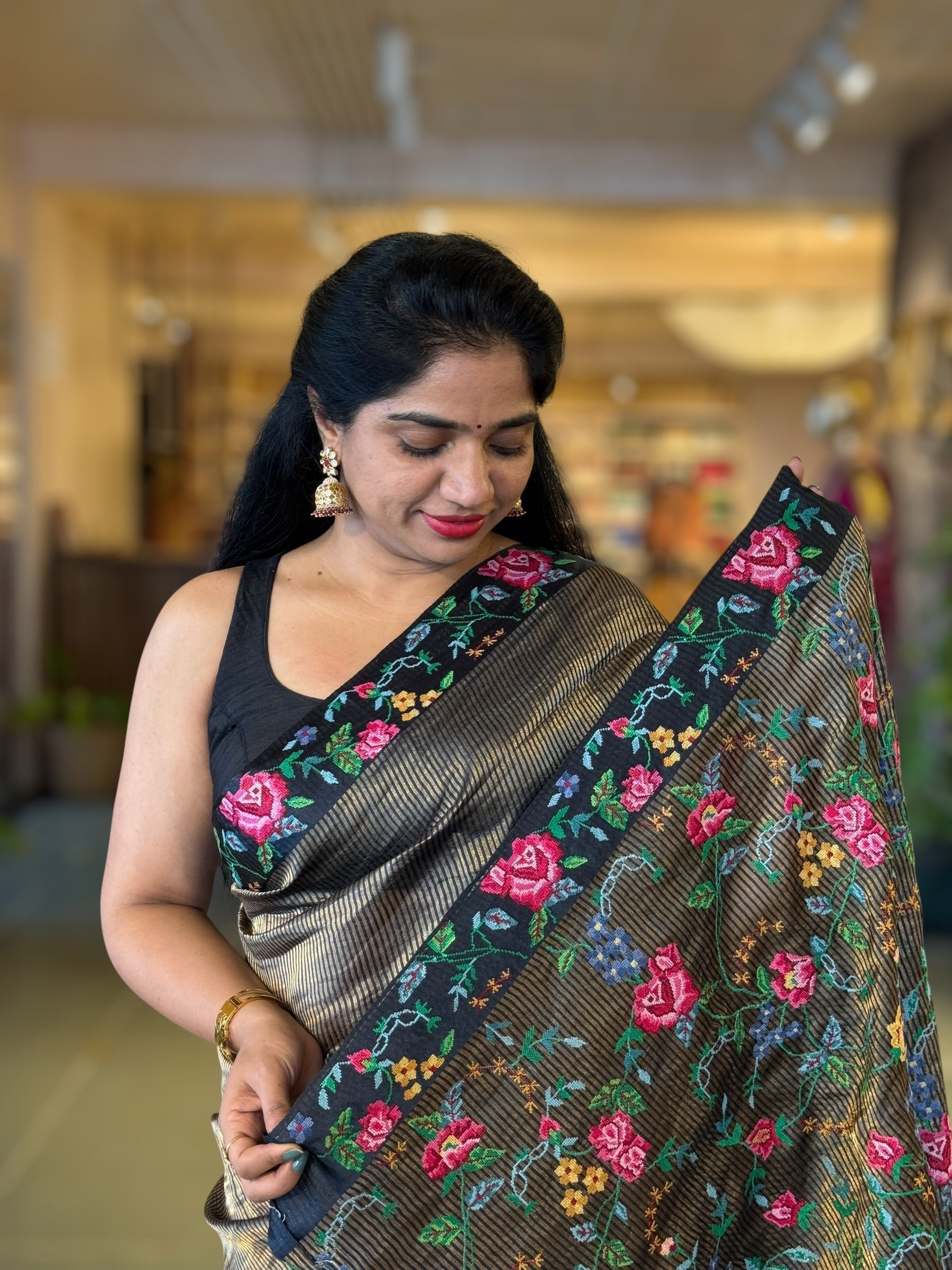 Black Tissue Stripes Saree wth Petite Point Embroidered Border Pallu & BP