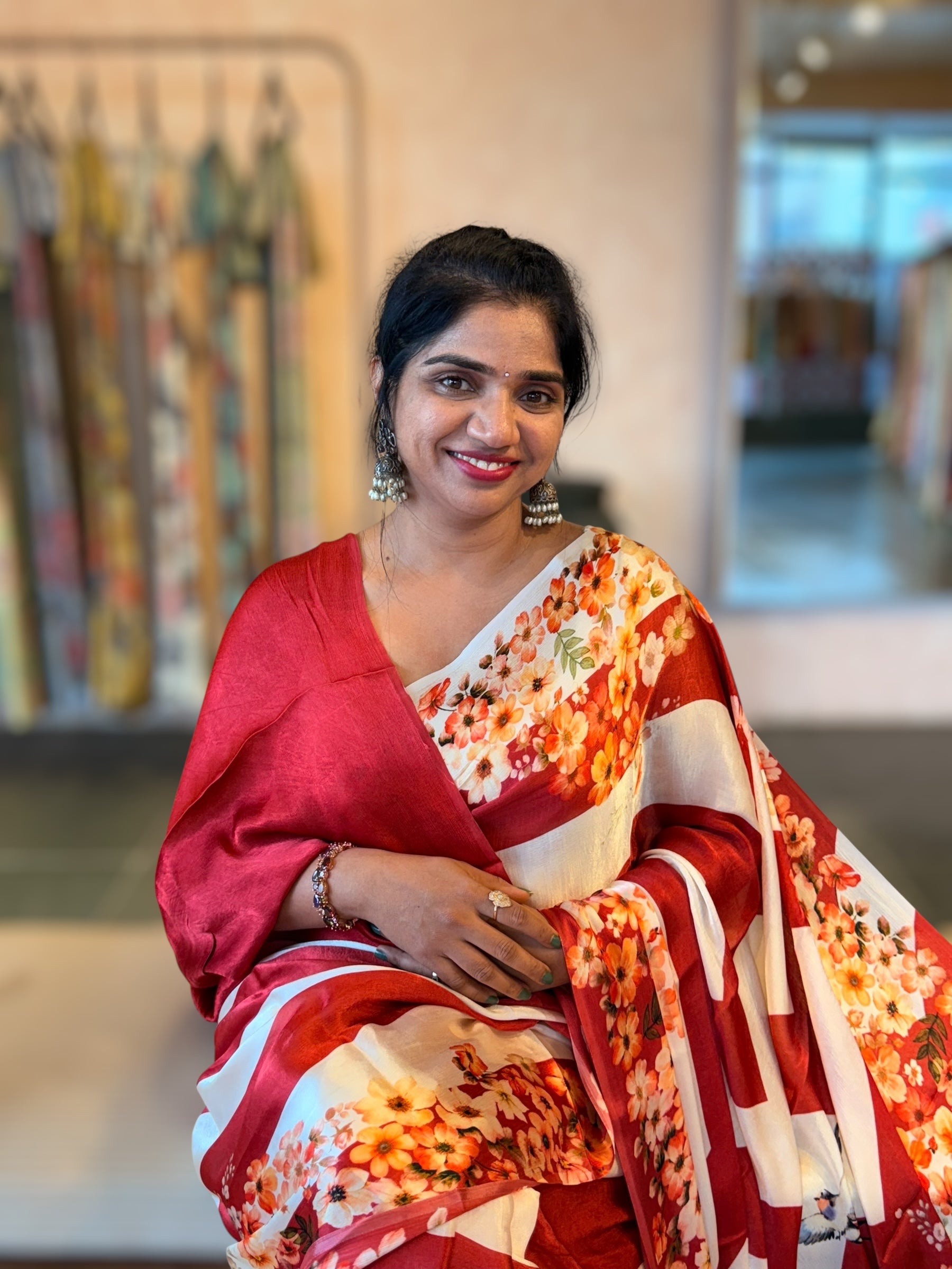 Trisha inspired Chinnon Silk Stripes & Floral Printed Saree
