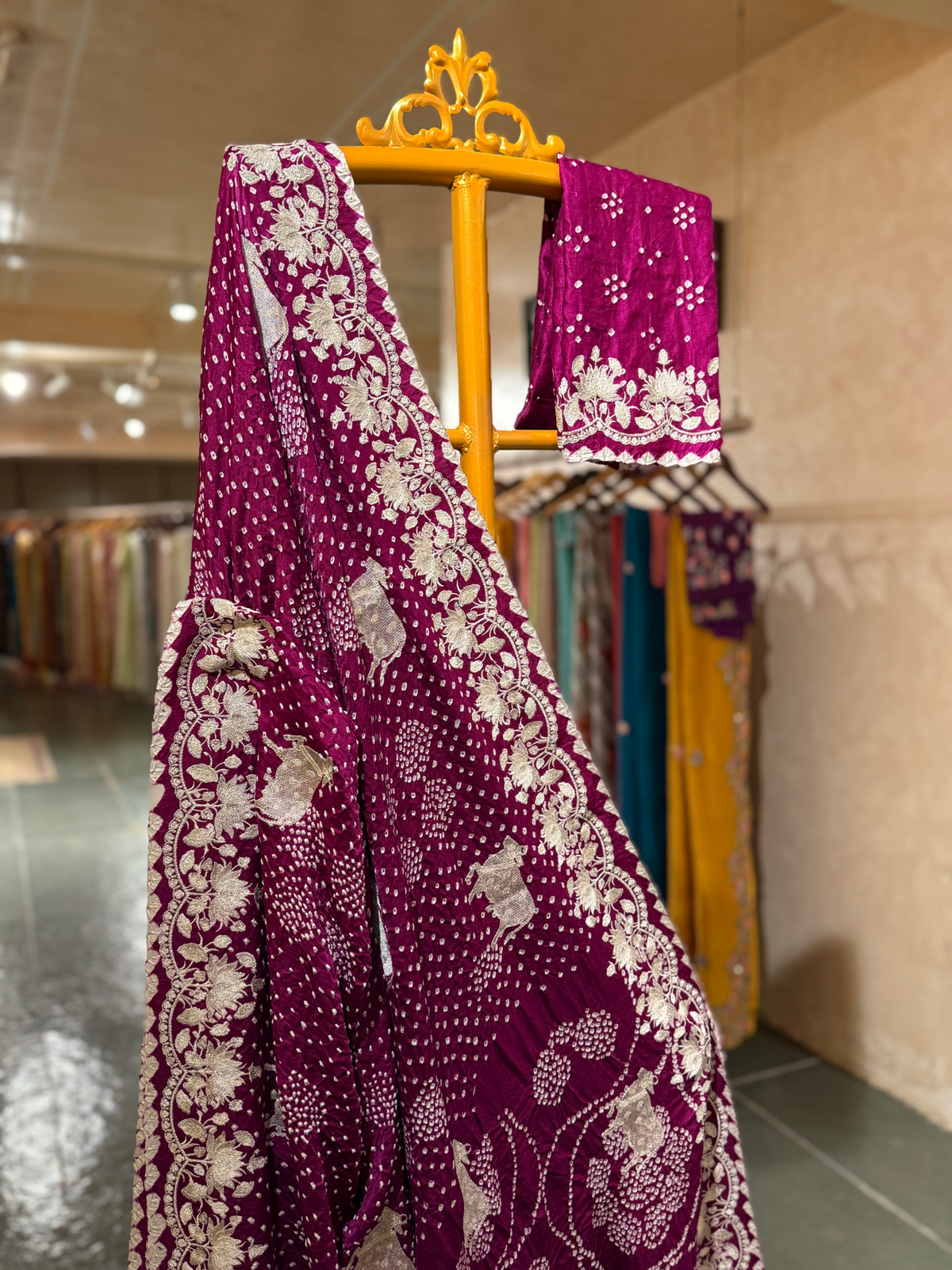 Purple Pure Gajji Silk Rai Bandhej Saree with Pichwai Embroidery