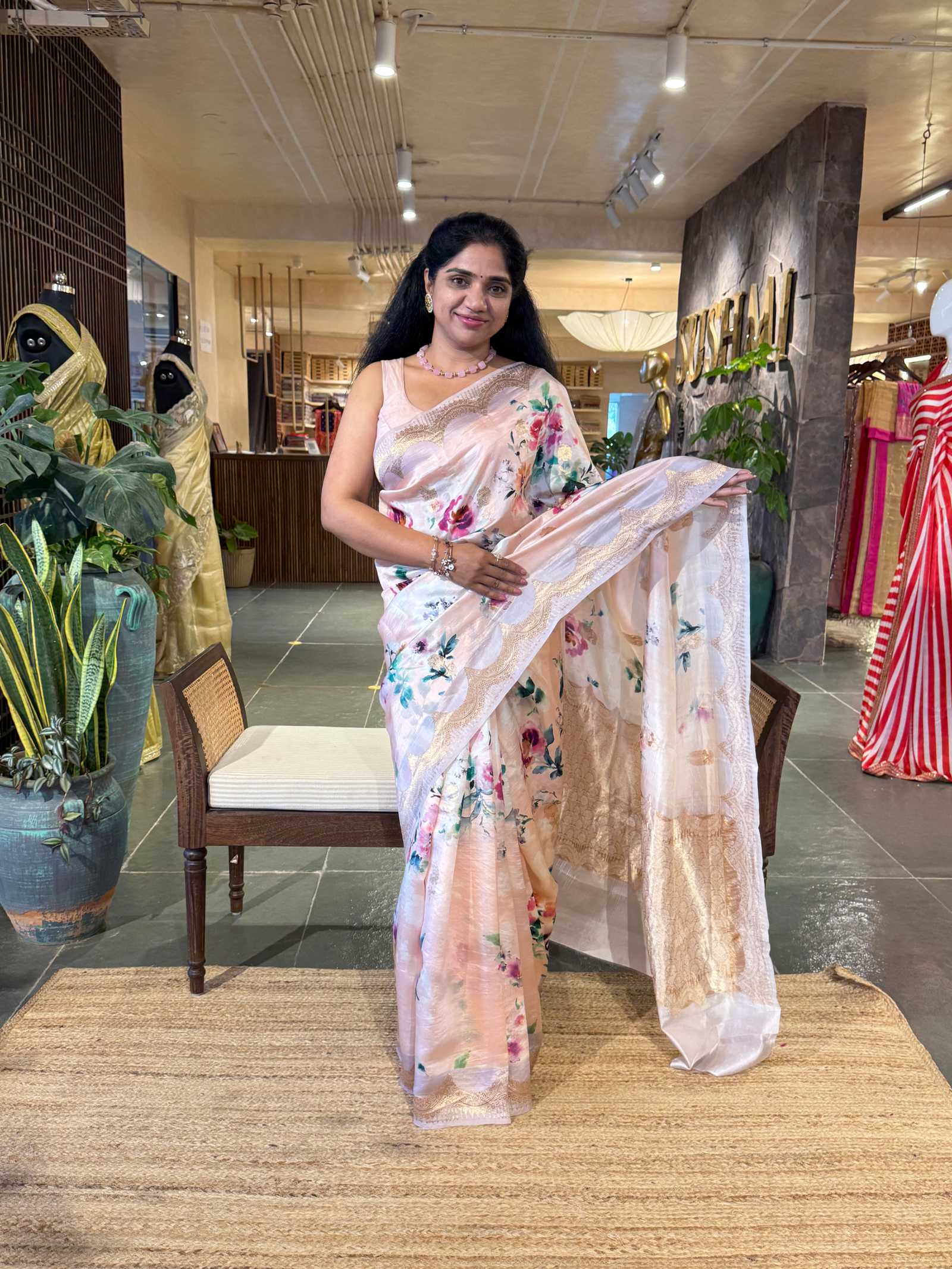 Banarasi Soft Silk Printed Saree With Scalloped Woven Zari Border