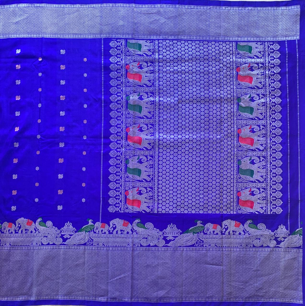 Royal Blue Pure Handloom Gadwal Saree Turning Borders