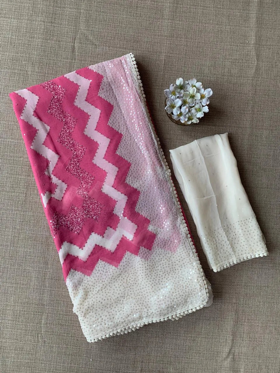 Coral Pink Pure Gorgette Saree With Zigzag Pattern Sequnce Border