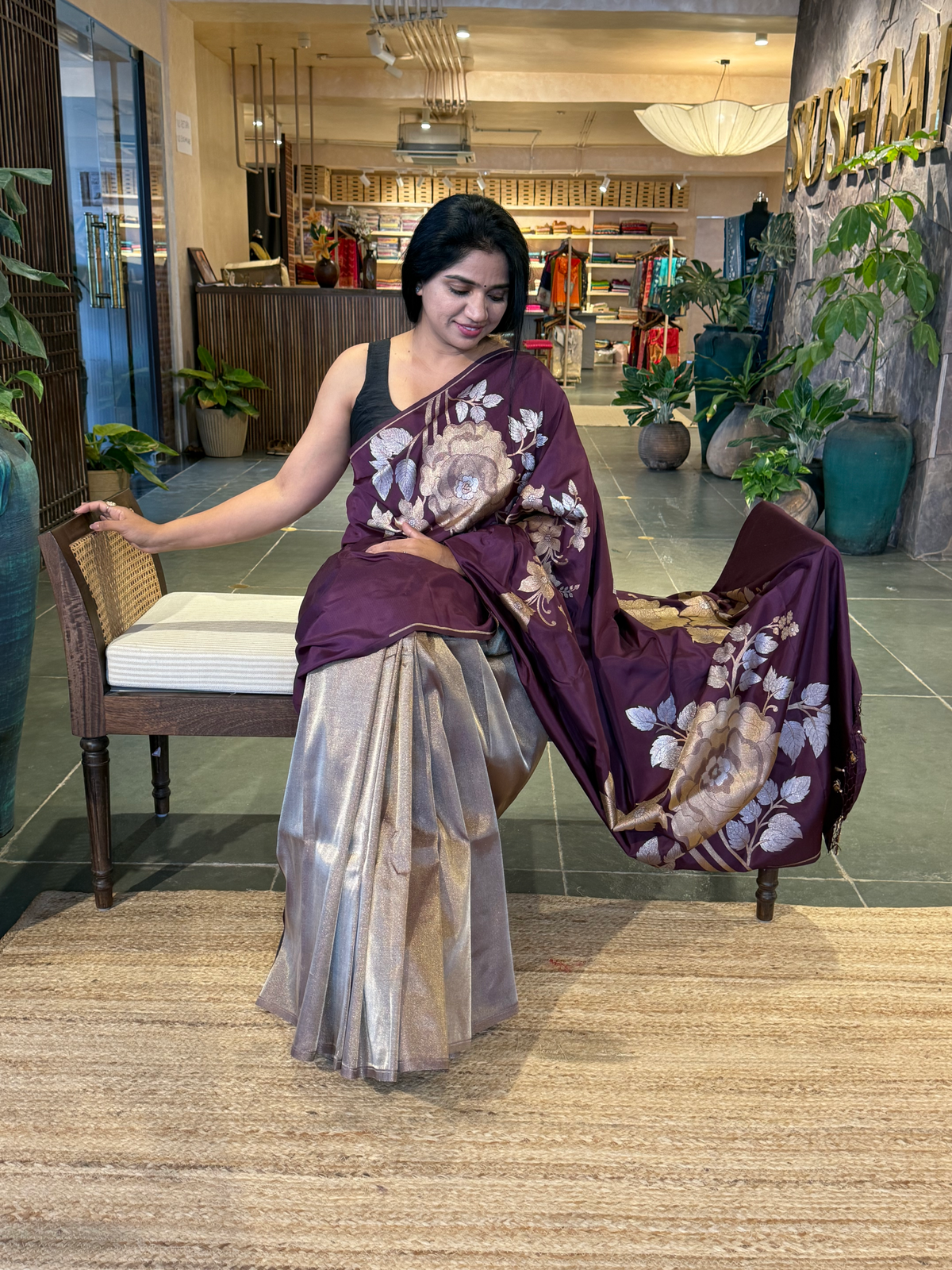 Wine and Antique Gold Designer Banarasi Silk Saree