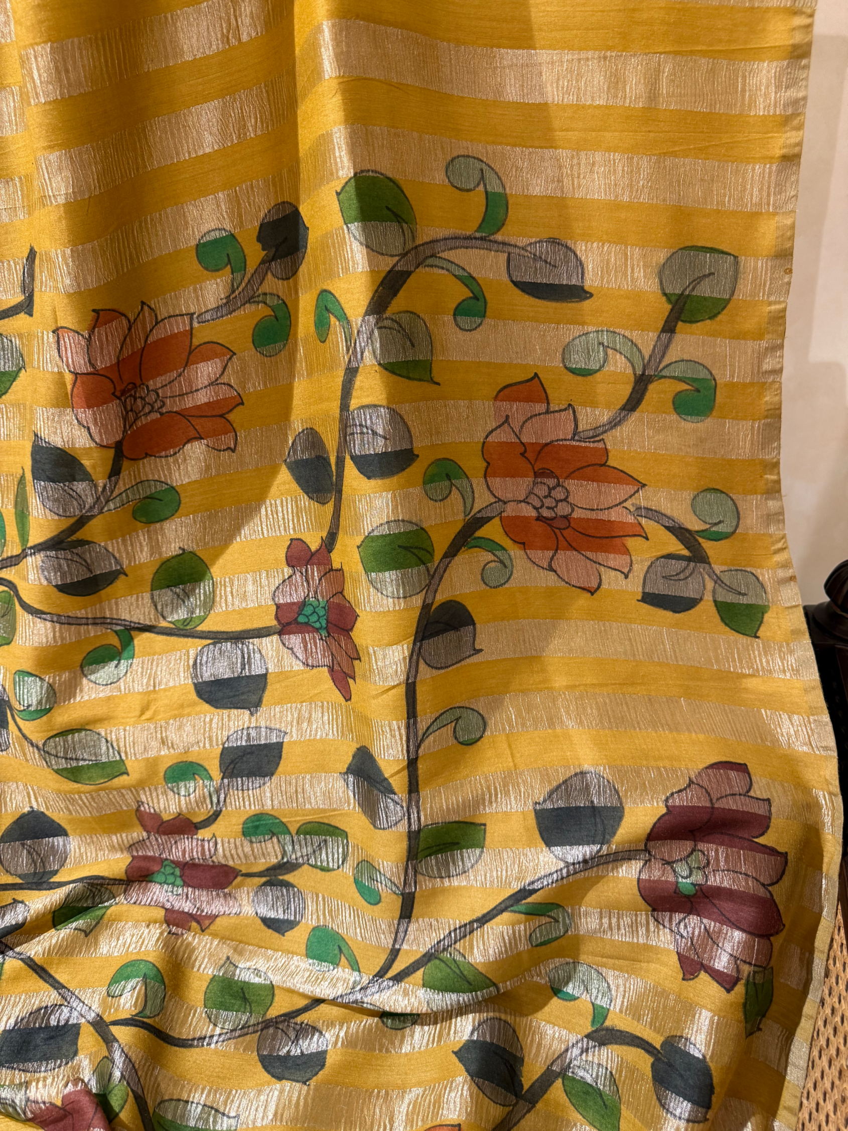 SMTKM173 Pure Handloom Munga Silk Wth Tissue Stripes & Penkalamkari Handpainting