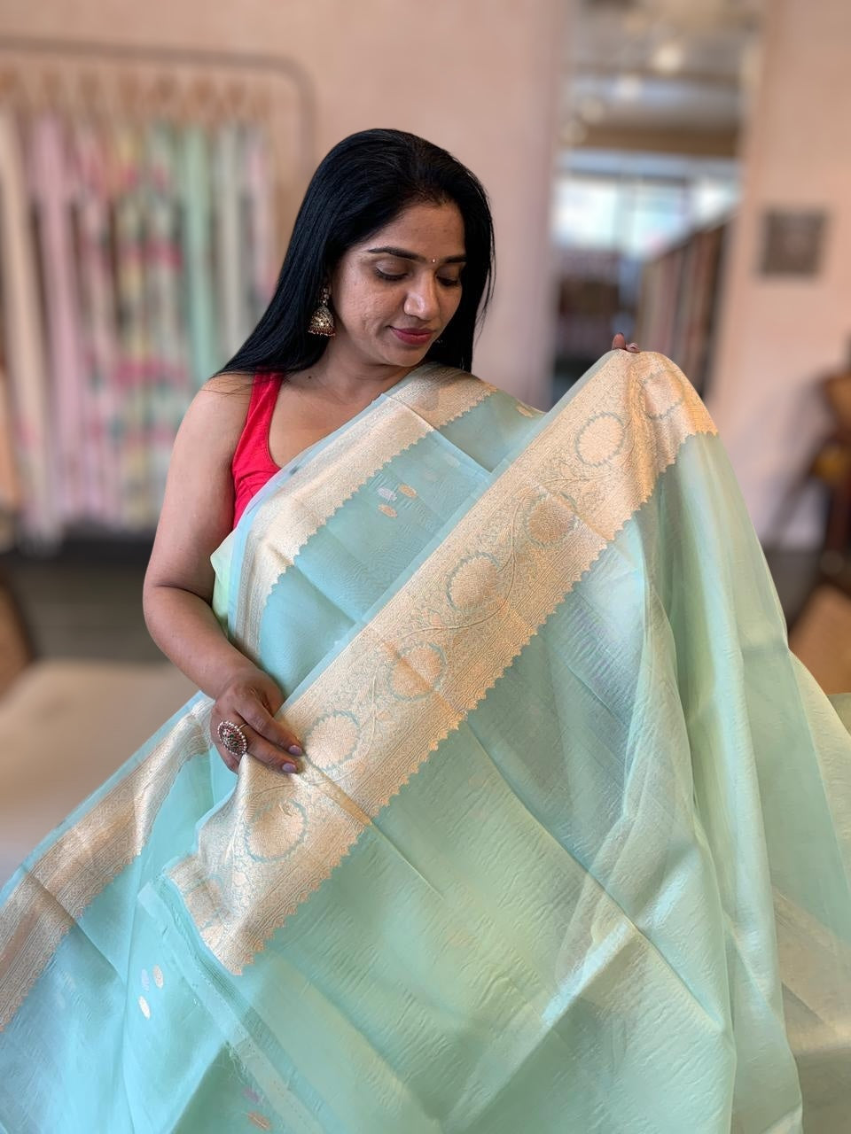 Pastel Blue Pure Handloom Kora Banarasi Saree With Kaduwa Woven Motifs
