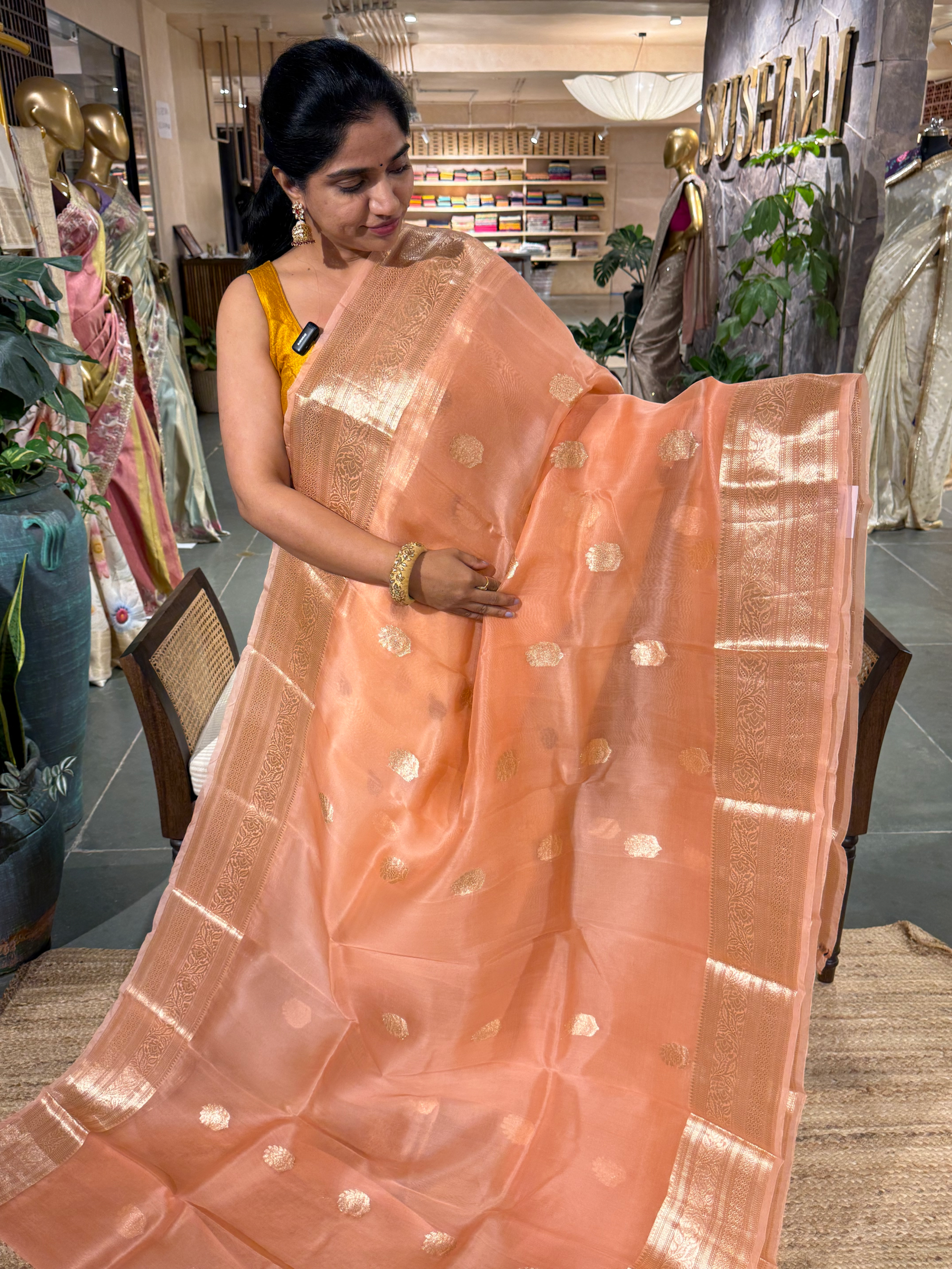 Peach Pure Handloom Kora Banarasi Saree