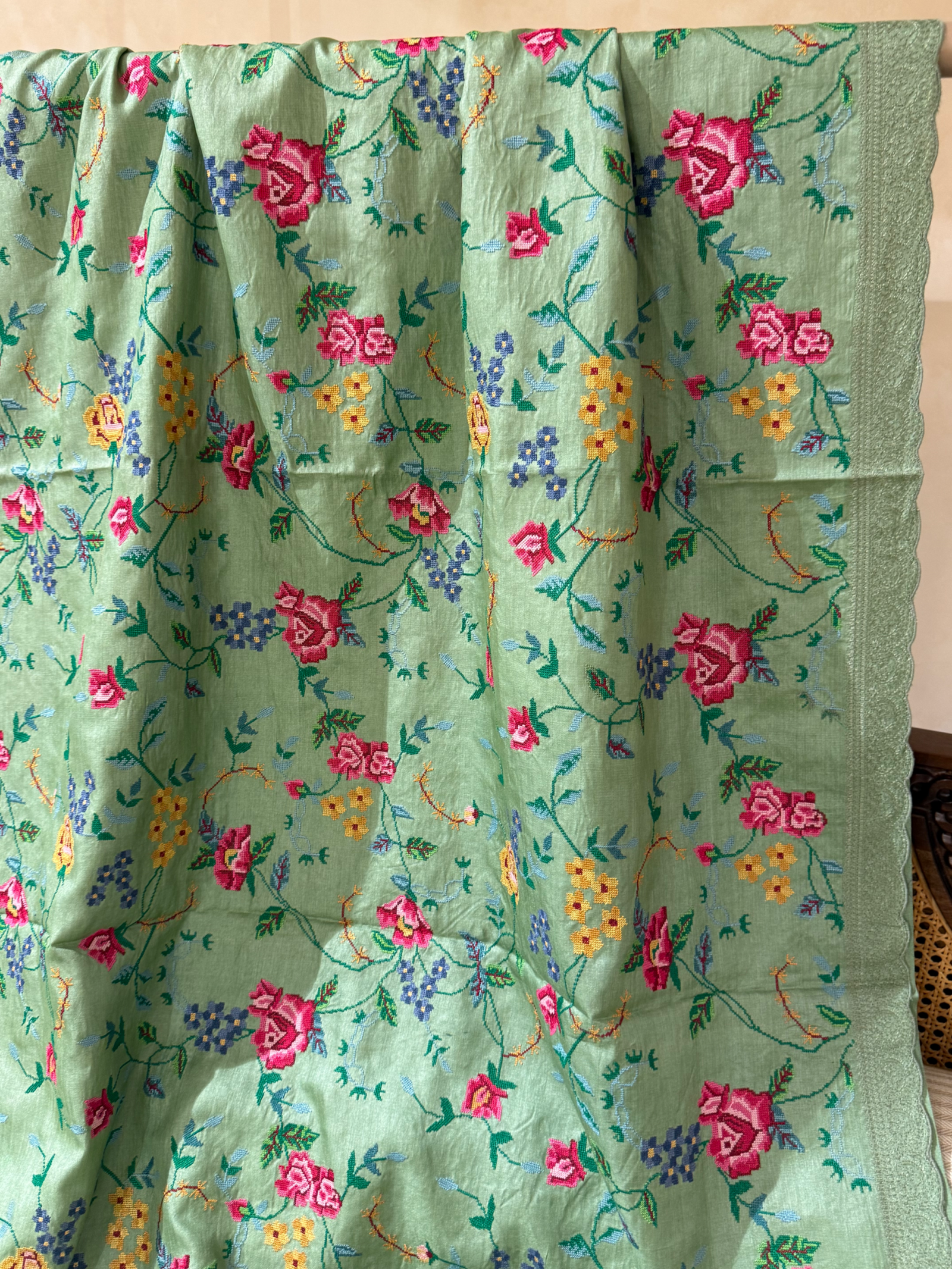 STPPA206 : Sage Green Pure Tussar Saree With Allover Petite Point Embroidery