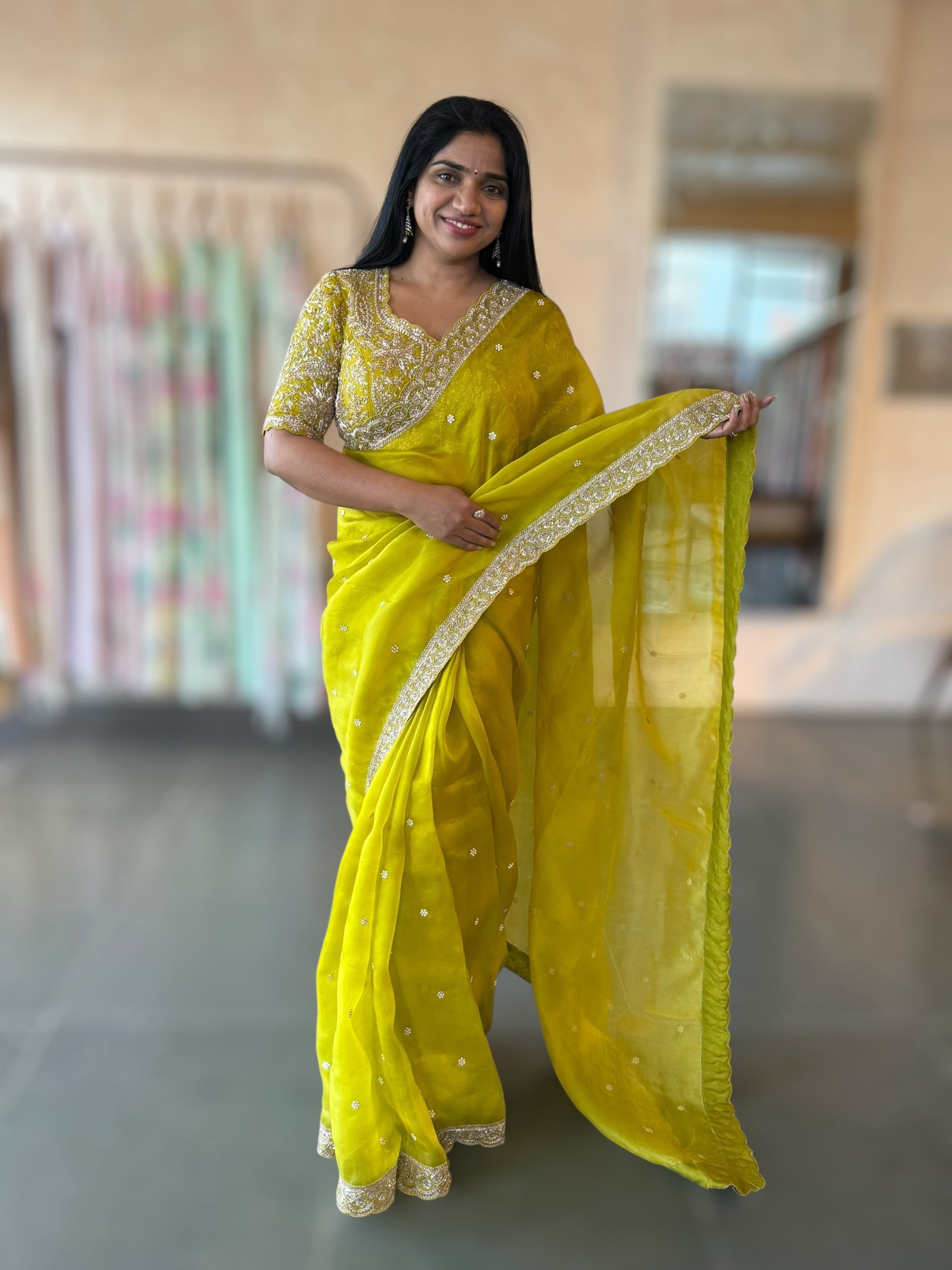 Neon Green Organza Handwork Saree