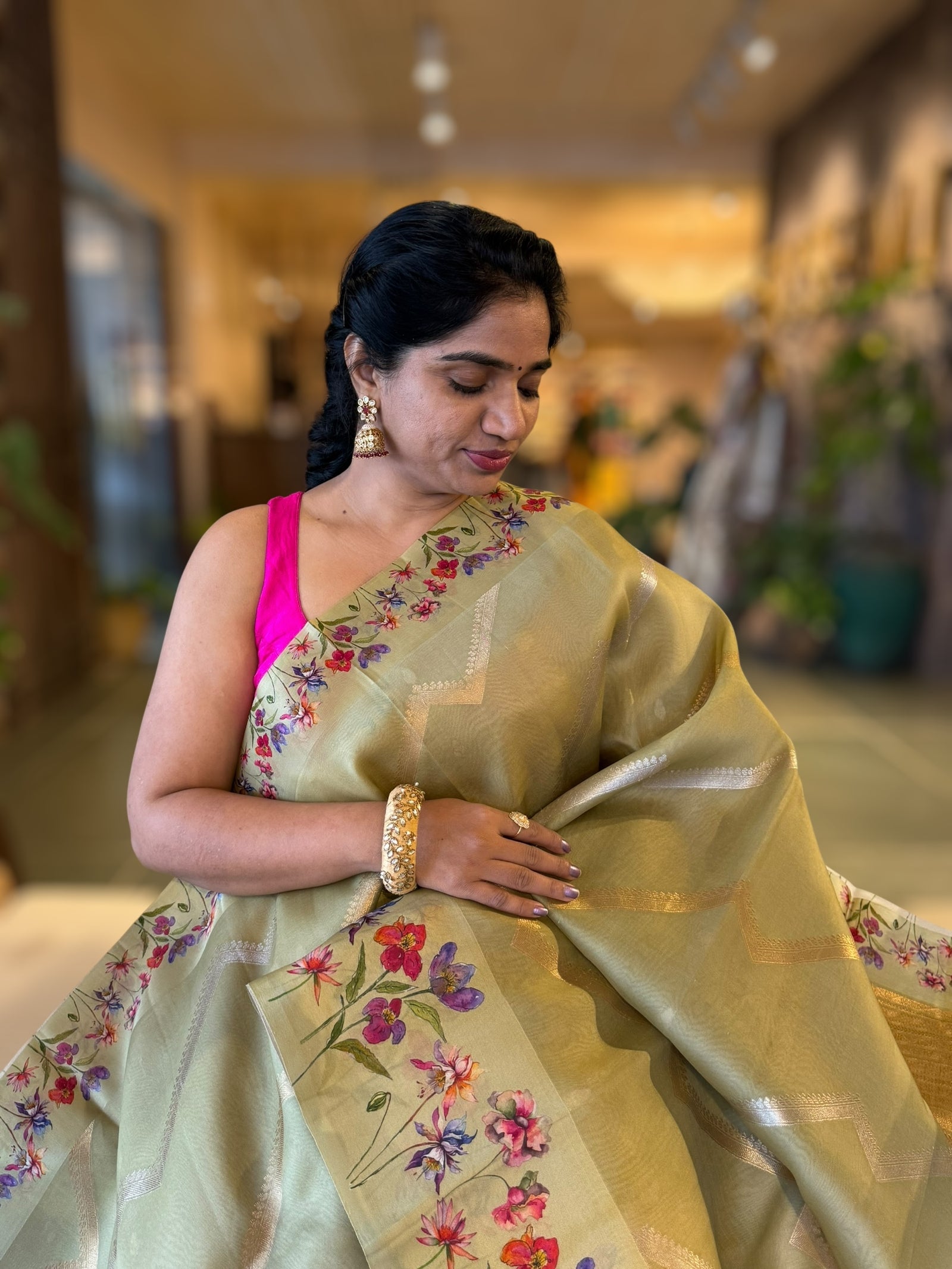 Olive Green Deisgner Premium Handloom Kora Banarasi with Printed Borders