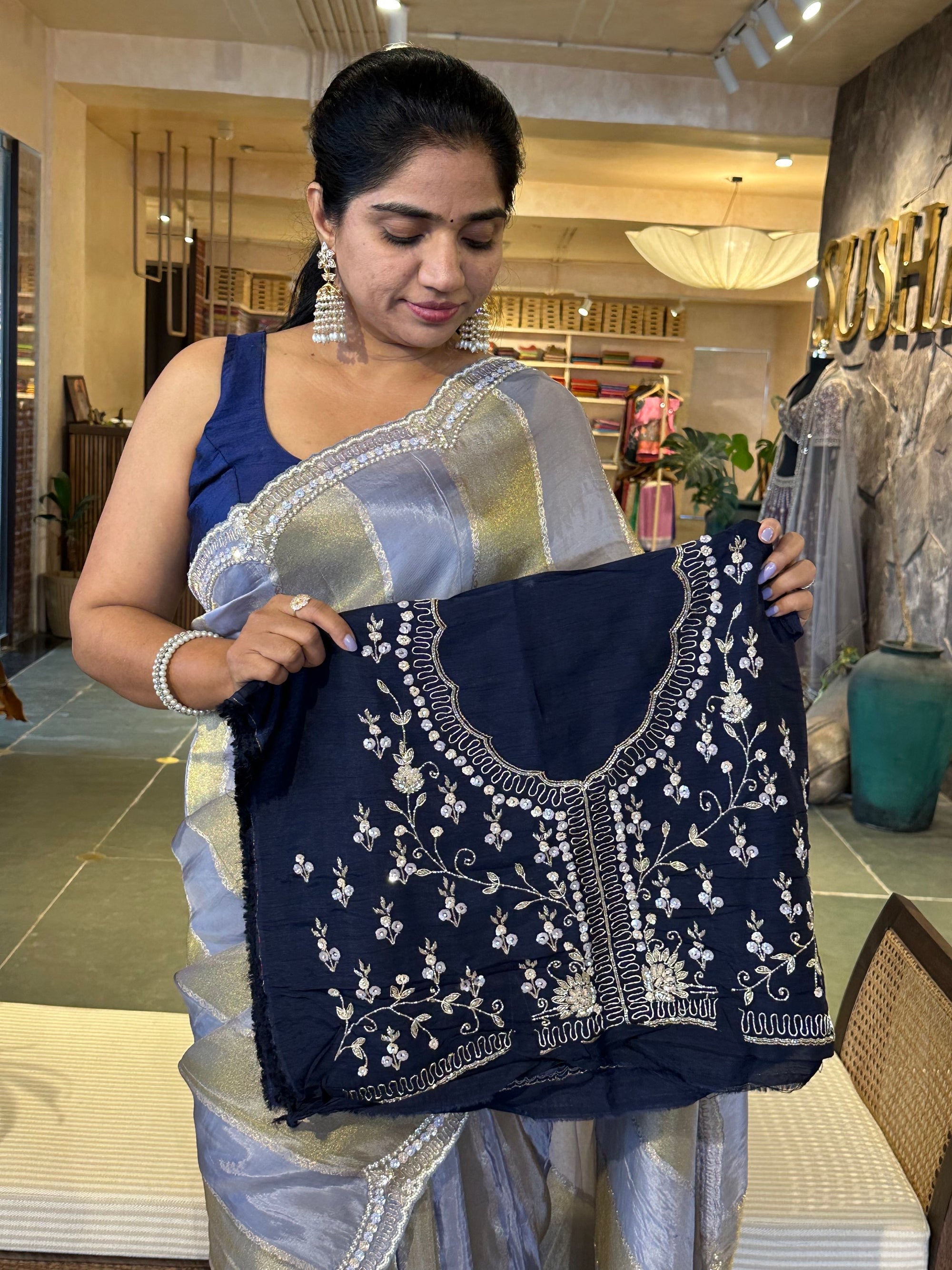 Slate Blue Tissue and kora brasso Saree with Scalloped handwork borders & blouse