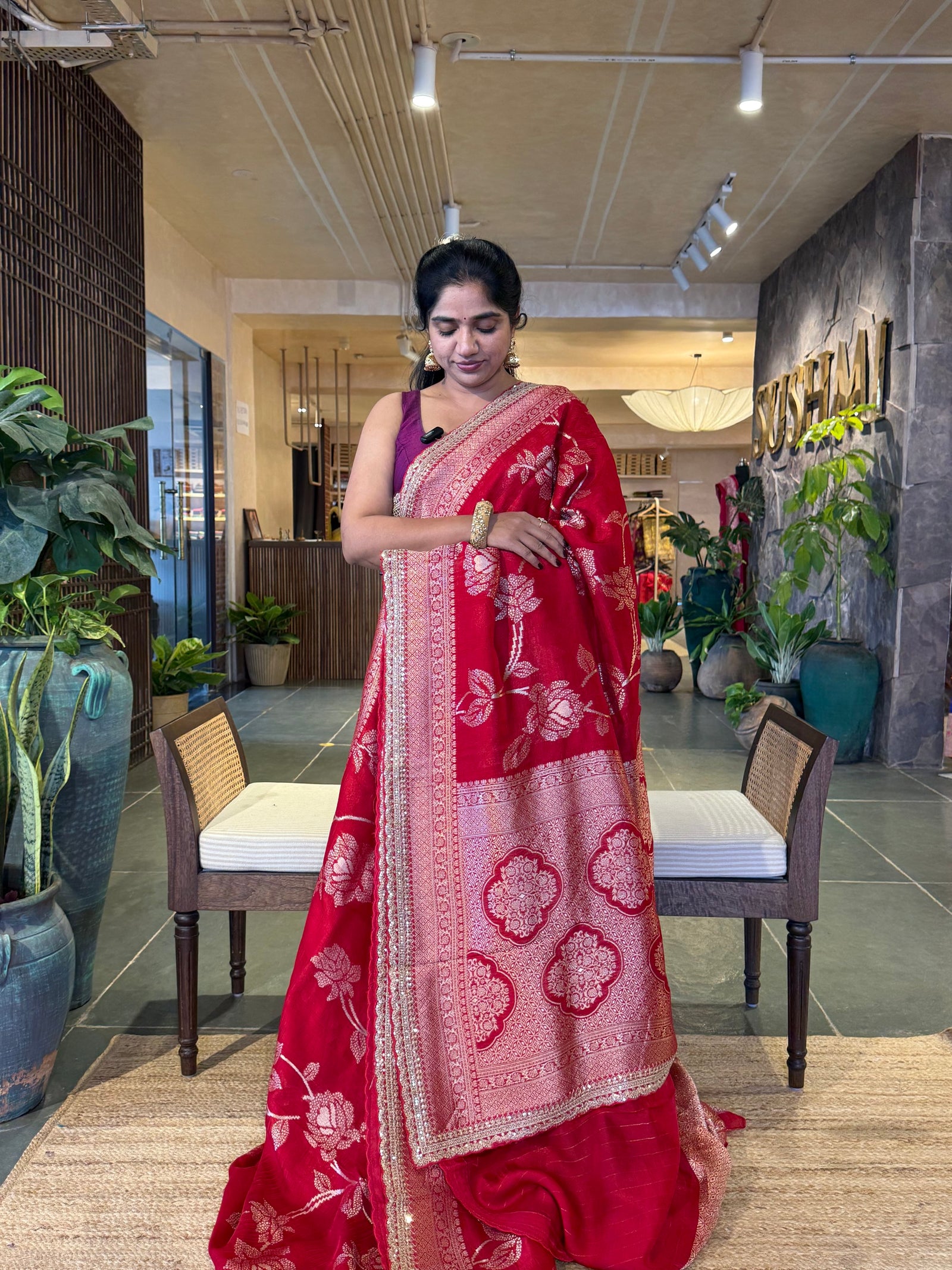Red Tussar Khaddi Saree wth Allover weaving & sabhyasachi borders STKM15