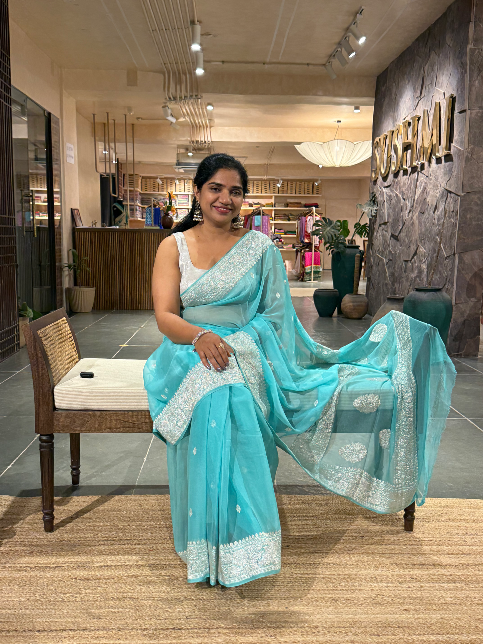 Sea Blue Banarasi Chiffon Saree With Silver Zari Weaving