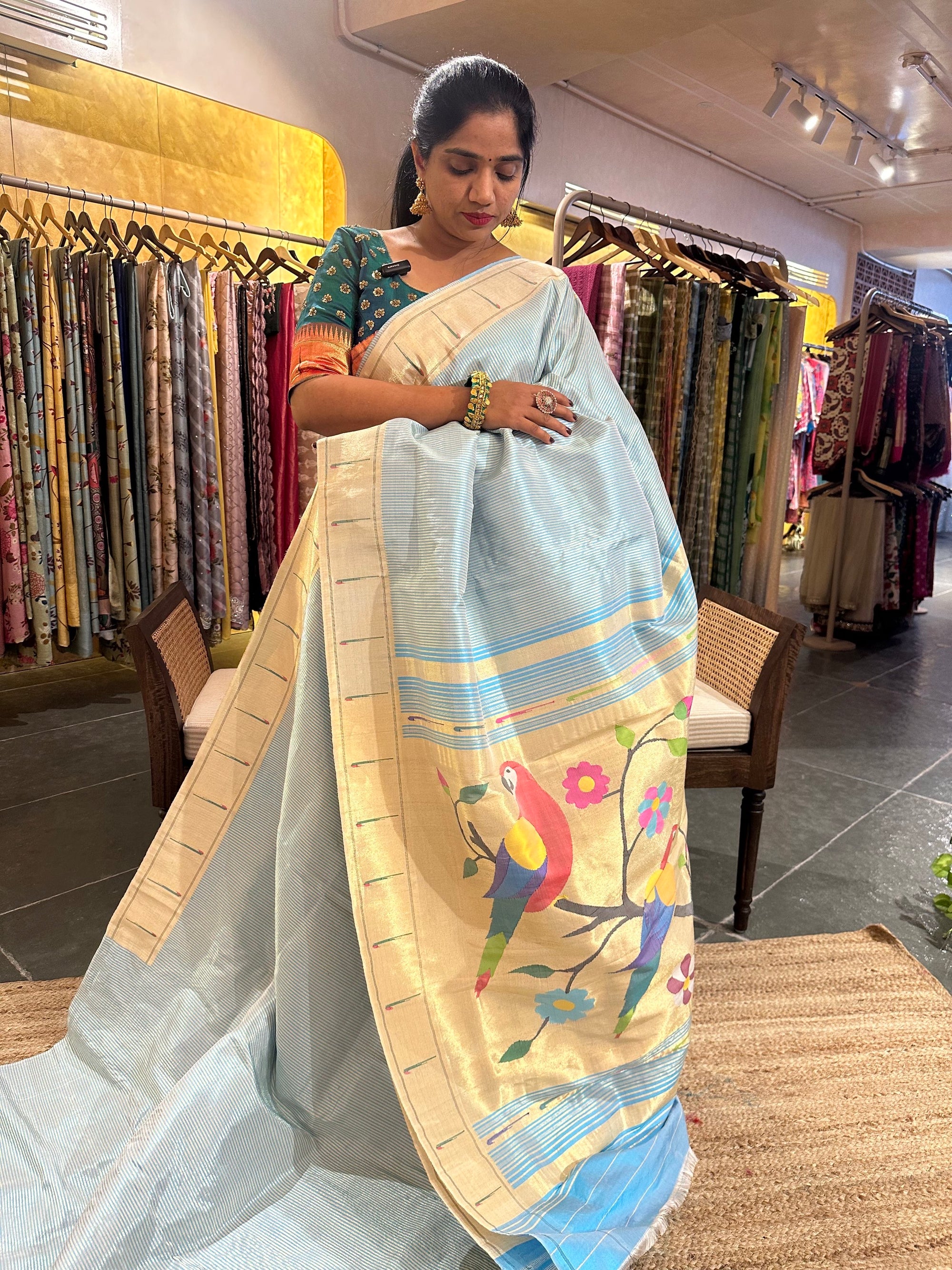 Light Blue single Muniya Pure Paithani saree withallover stripes