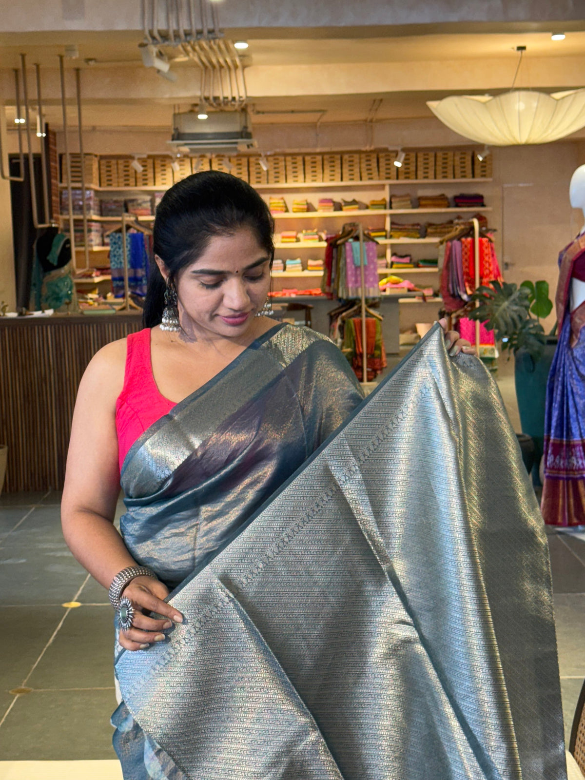 Banarasi Floral Printed Cotton Tissue Saree with brocade pallu and blouse