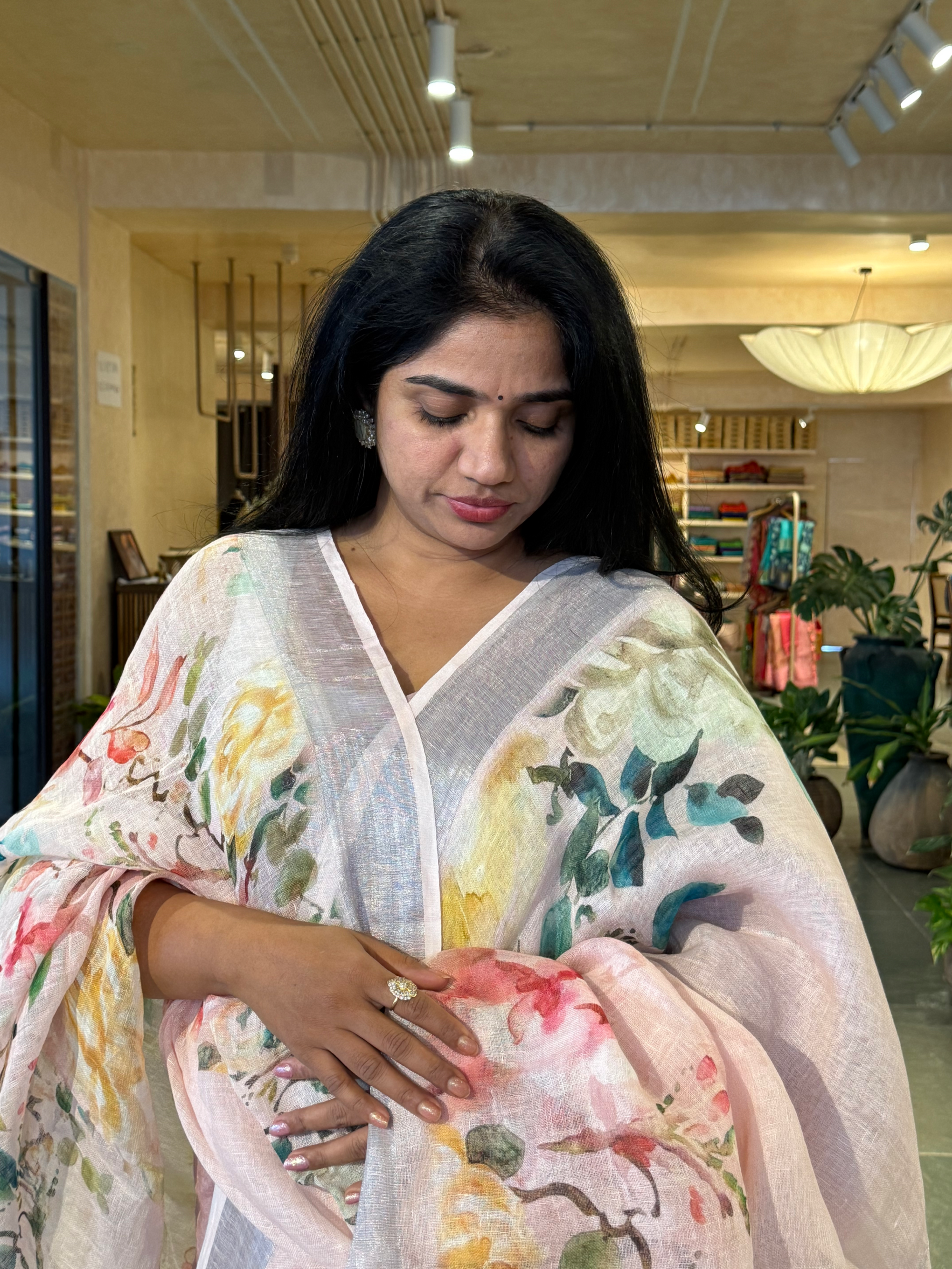 Baby Pink Pure Handloom Lenin Printed Sarees With Silver Zari Border