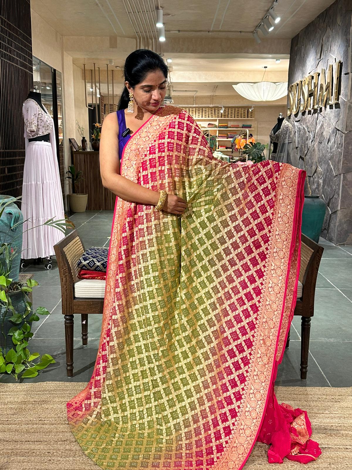 Pista and pink banarsi khaddi georgette handmade bandhej work