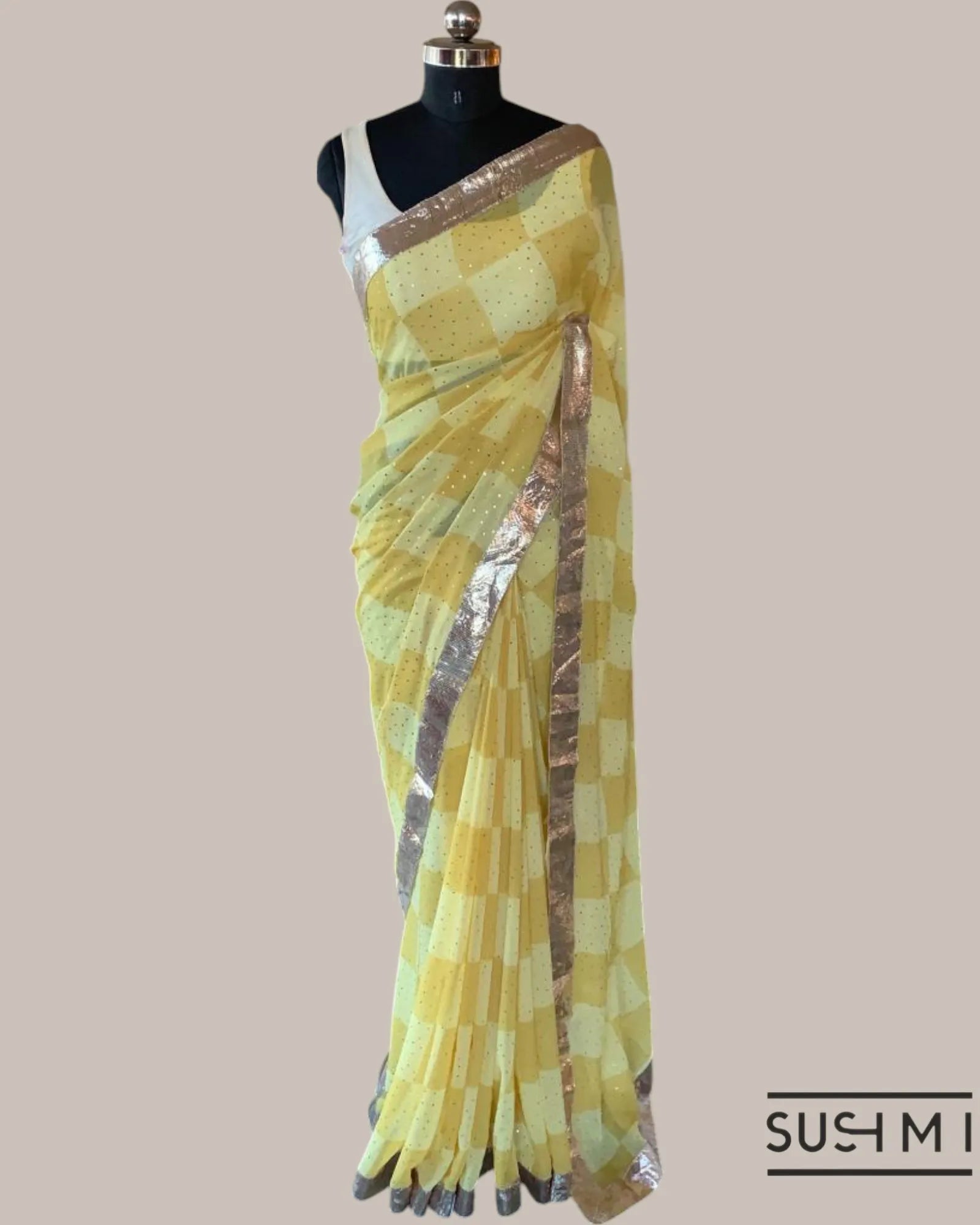 Pure Gorgette Saree in Checks Pattern , Allover Seuence & Hemlined Wth Gota lace