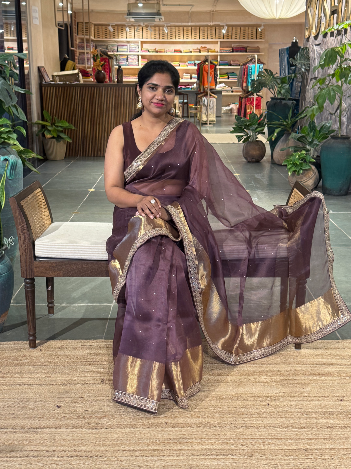 SK1091412ORG:Brownish Wine Kanchi Kora Saree with allover mukaish handwork