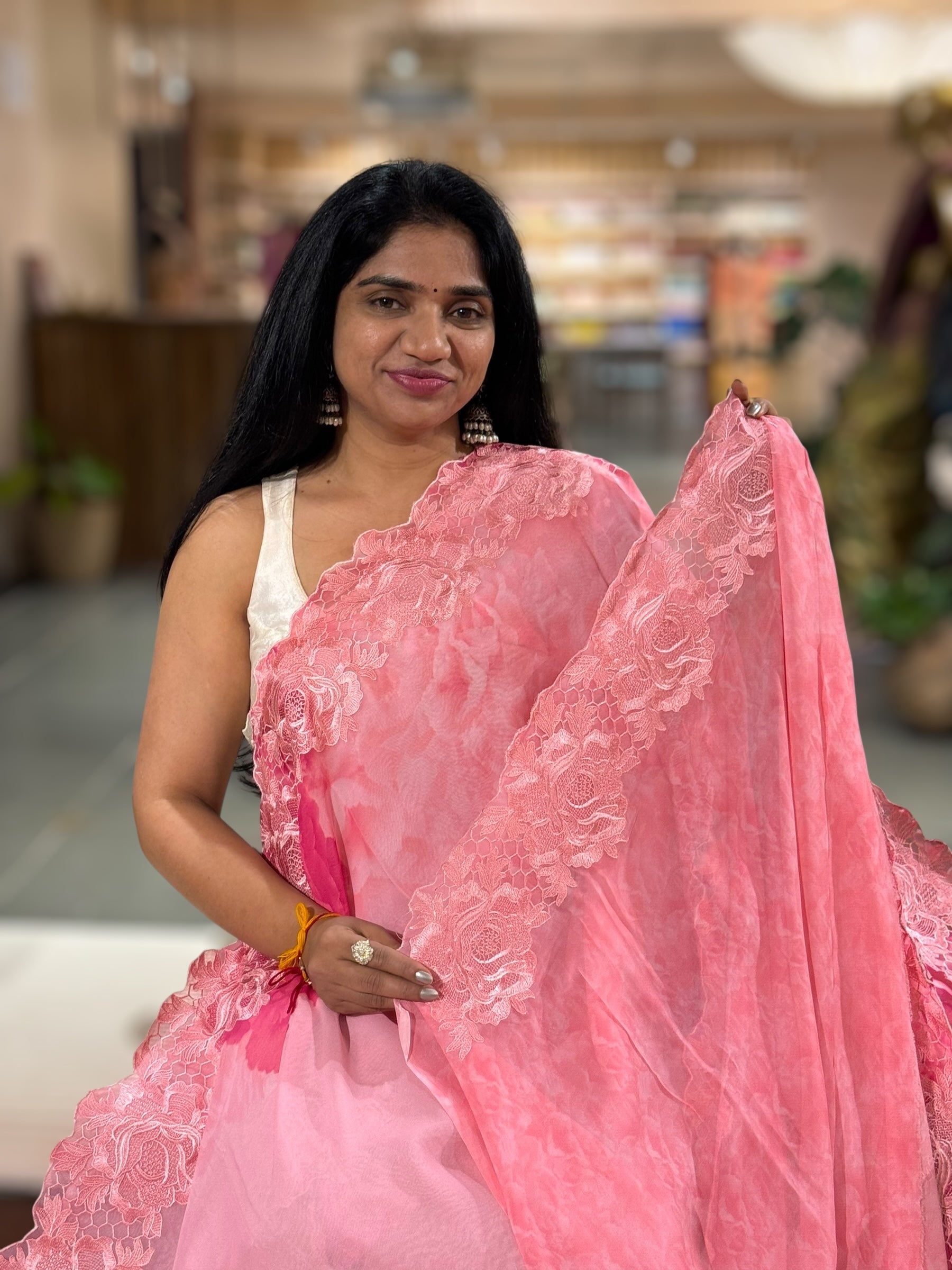 Onion Pink Gorgette  Saree With Chatilly Lace Style Cutwork embroidered Border