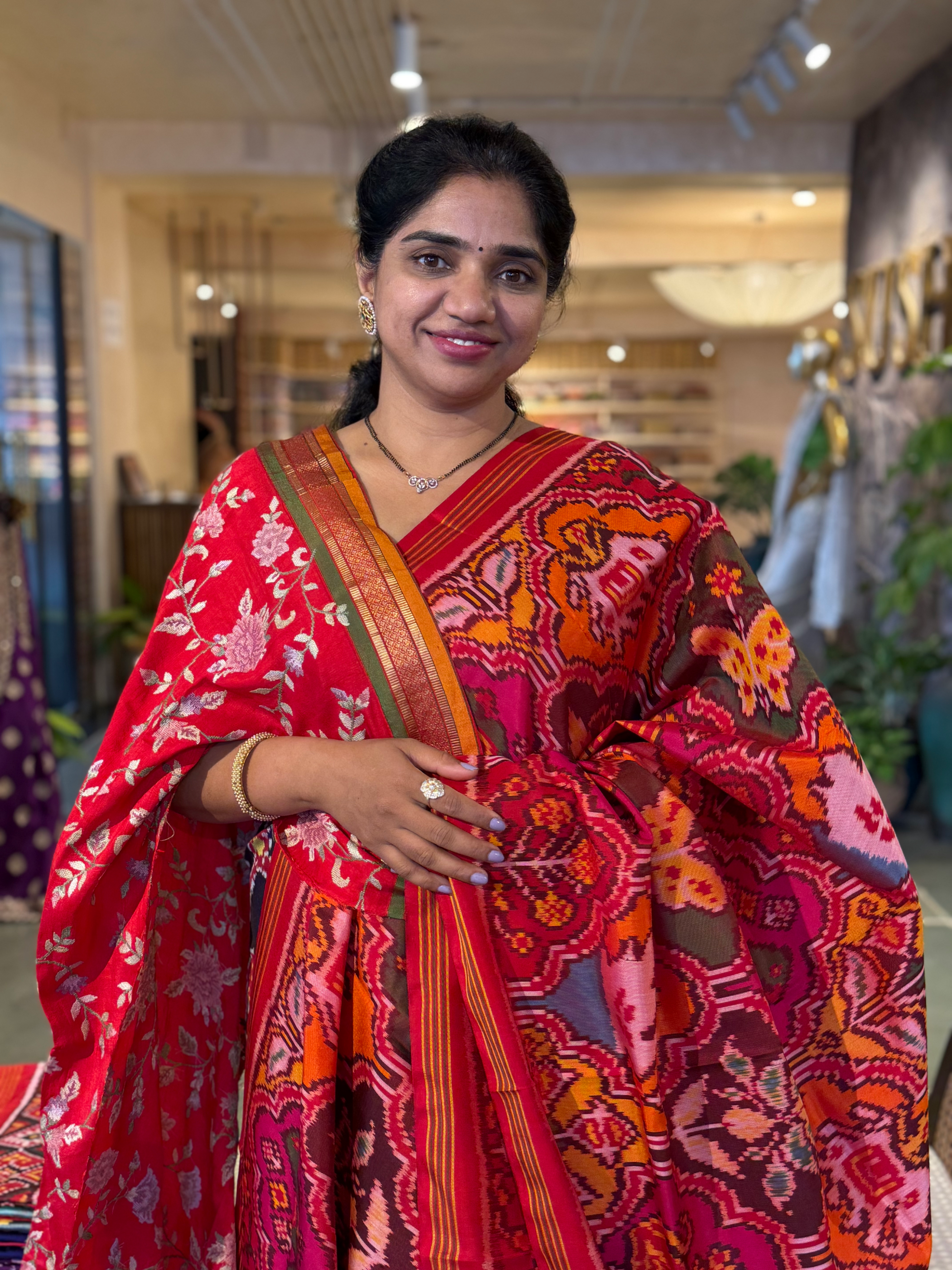 Orange , Red & yellow Combo Pure Patan Patola Saree With Allover Creeper Design