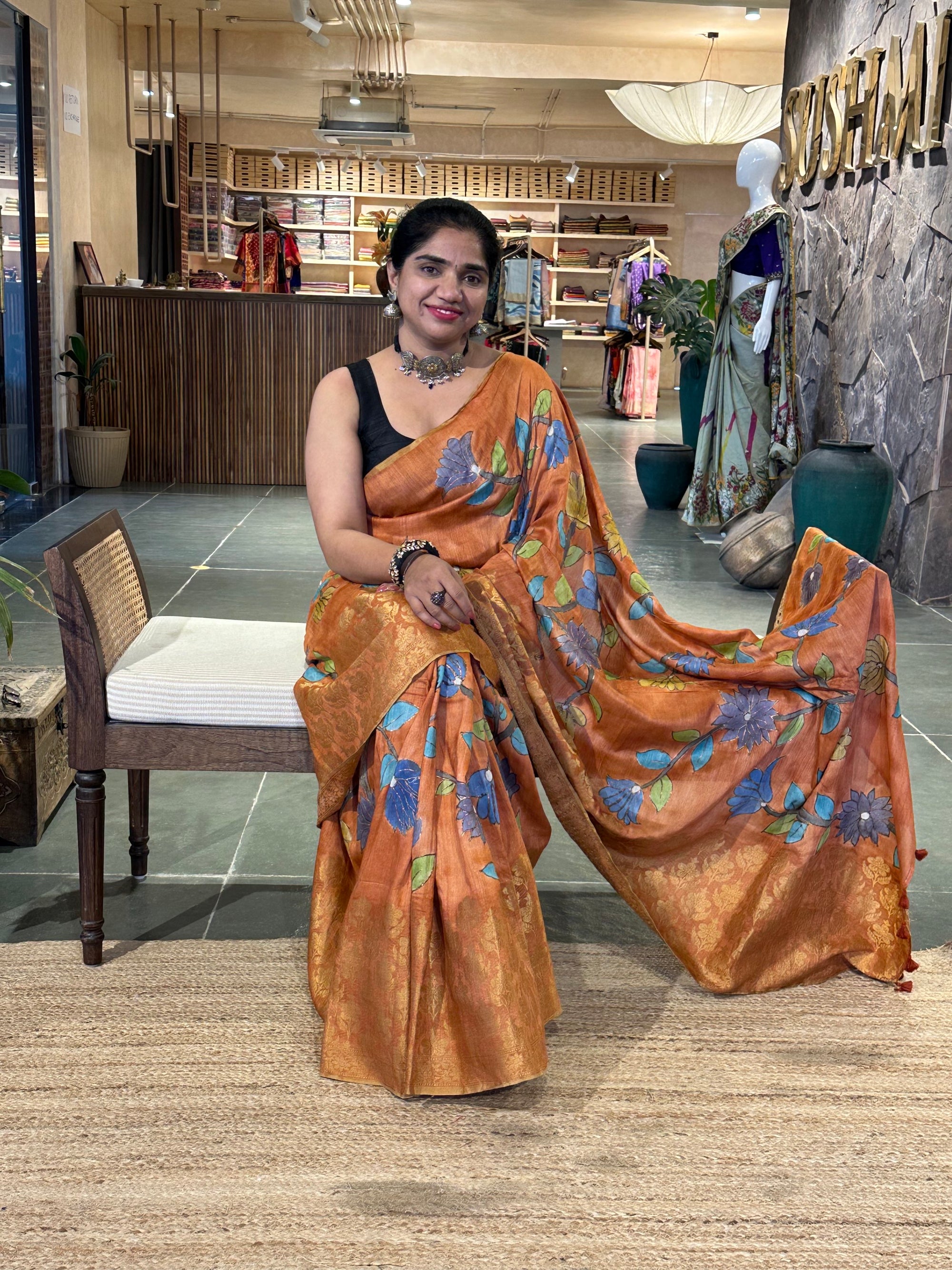 Rust Orange Pure Handloom Munga Banarasi Saree with pichwai handpainting .