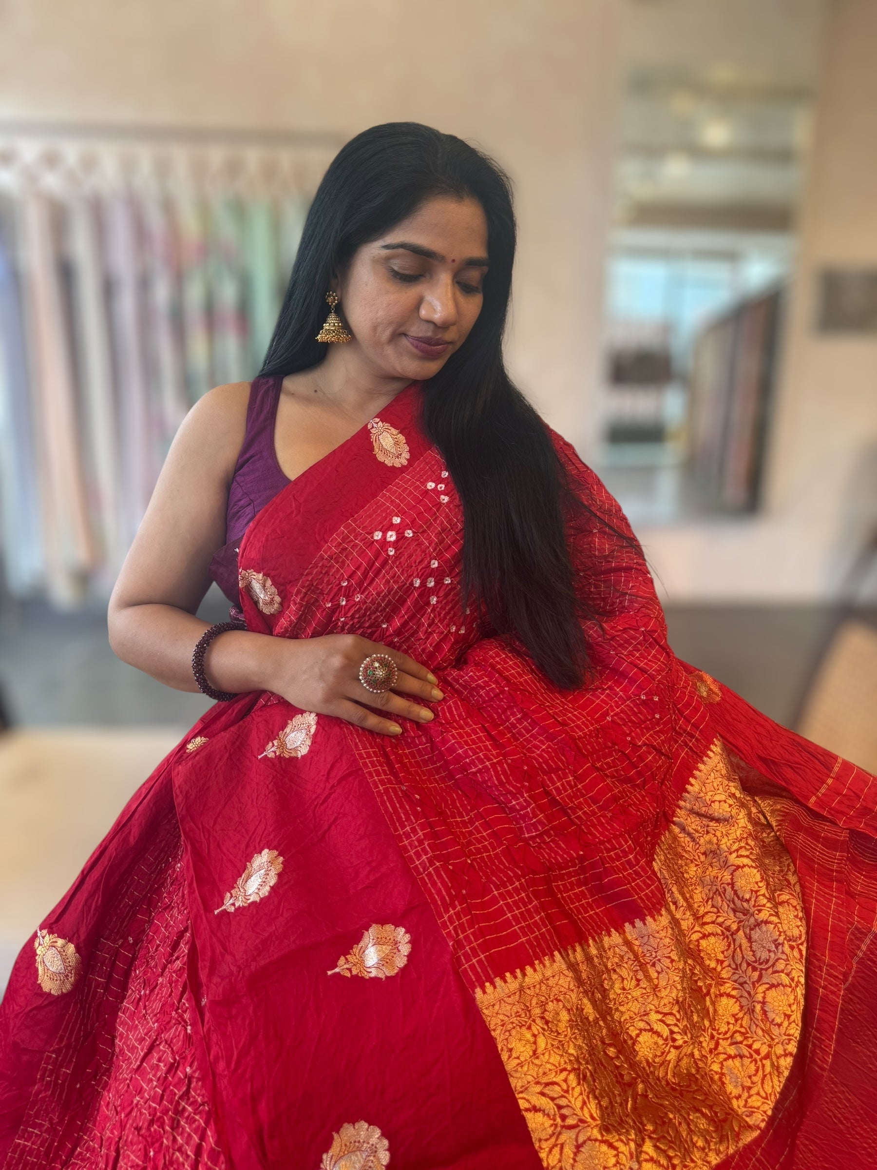 Chilli Red Banarasi Bandhej Silk Saree With Kaduwa Woven Open Mashru Borders