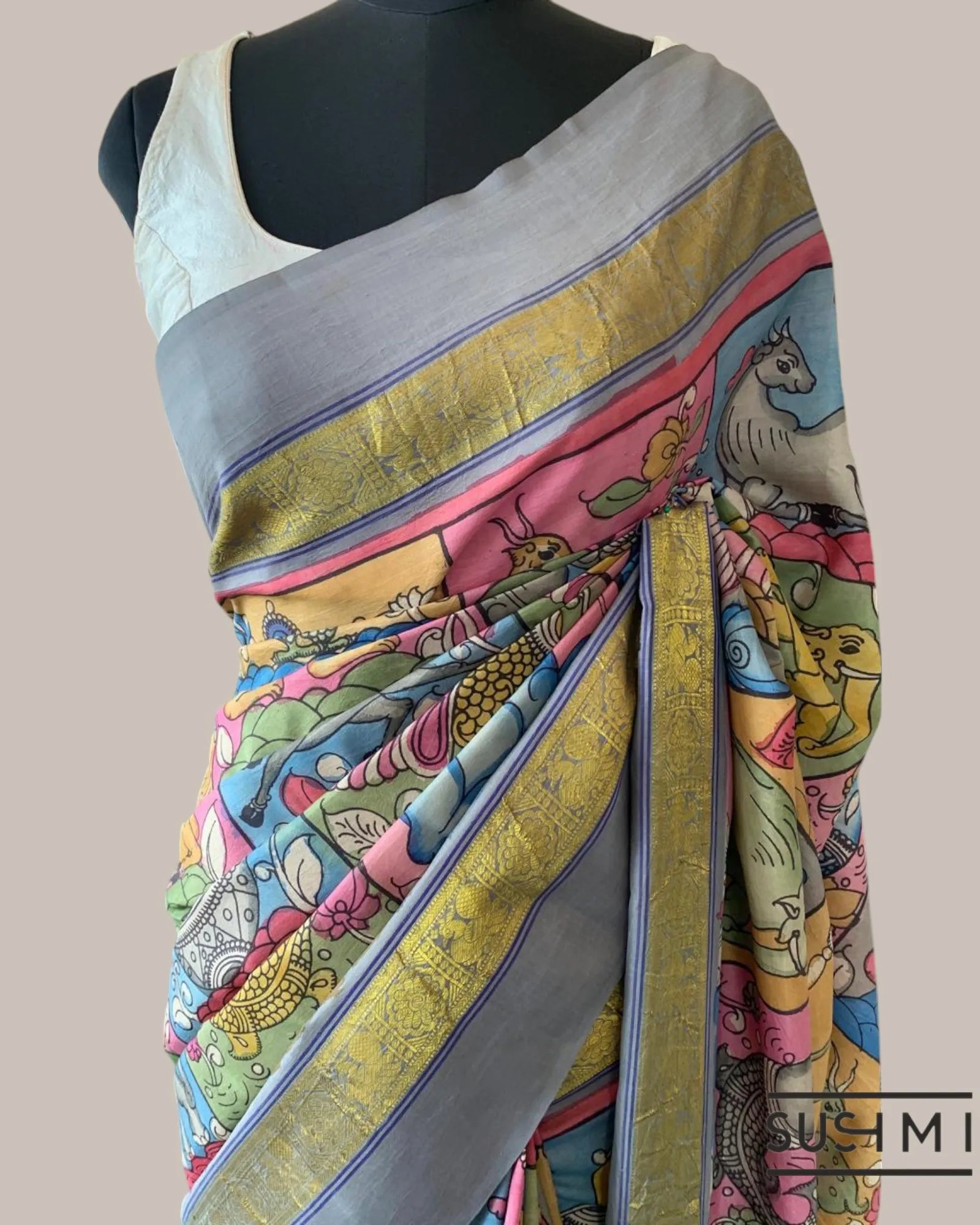 Kanchi Pen kalamkari handpainted saree with heavy borders