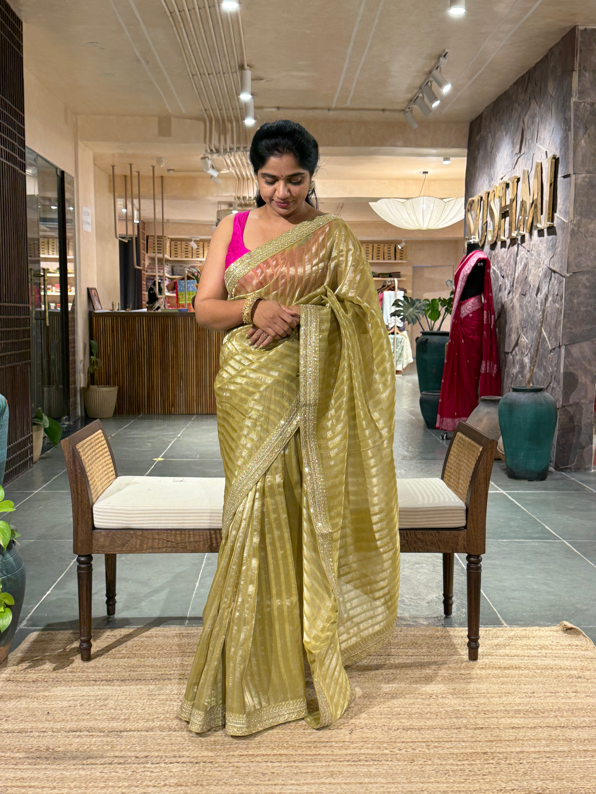 SKTSA601 : Pista Kora Tissue Stripes Saree wth Sabhyasachi borders & Blouse