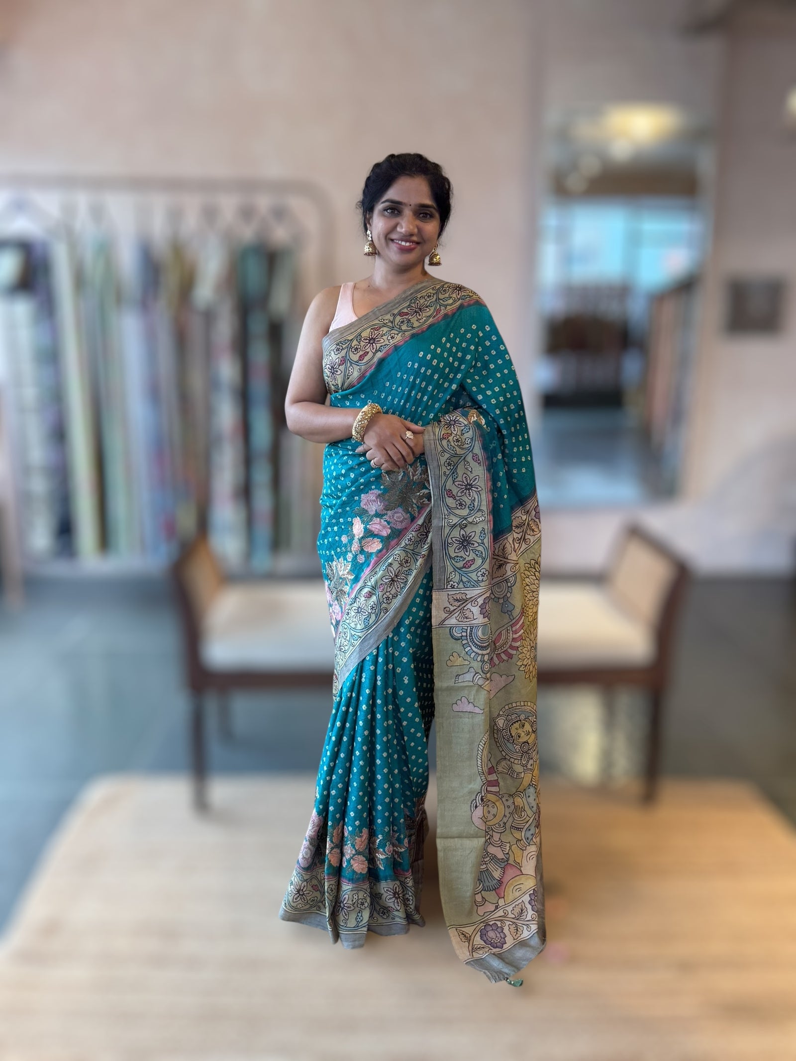 Teal Tussar Bandhini Saree With Pen kalamkari Border & Petite Point Emb Blouse